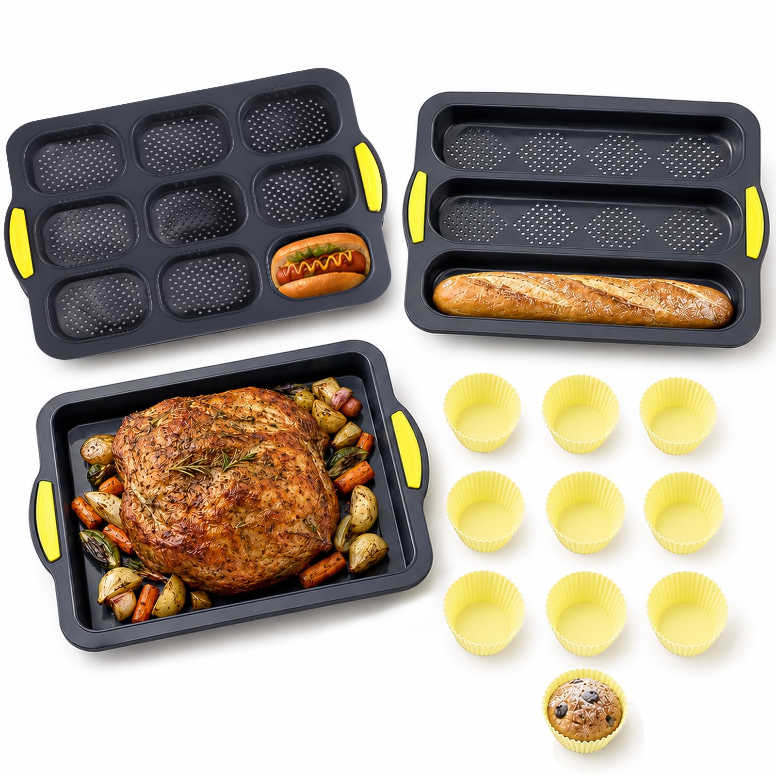 15 Pcs Silicone Baking Mold Set, Baguette Pan, Hot Dog Bun & Muffin Molds