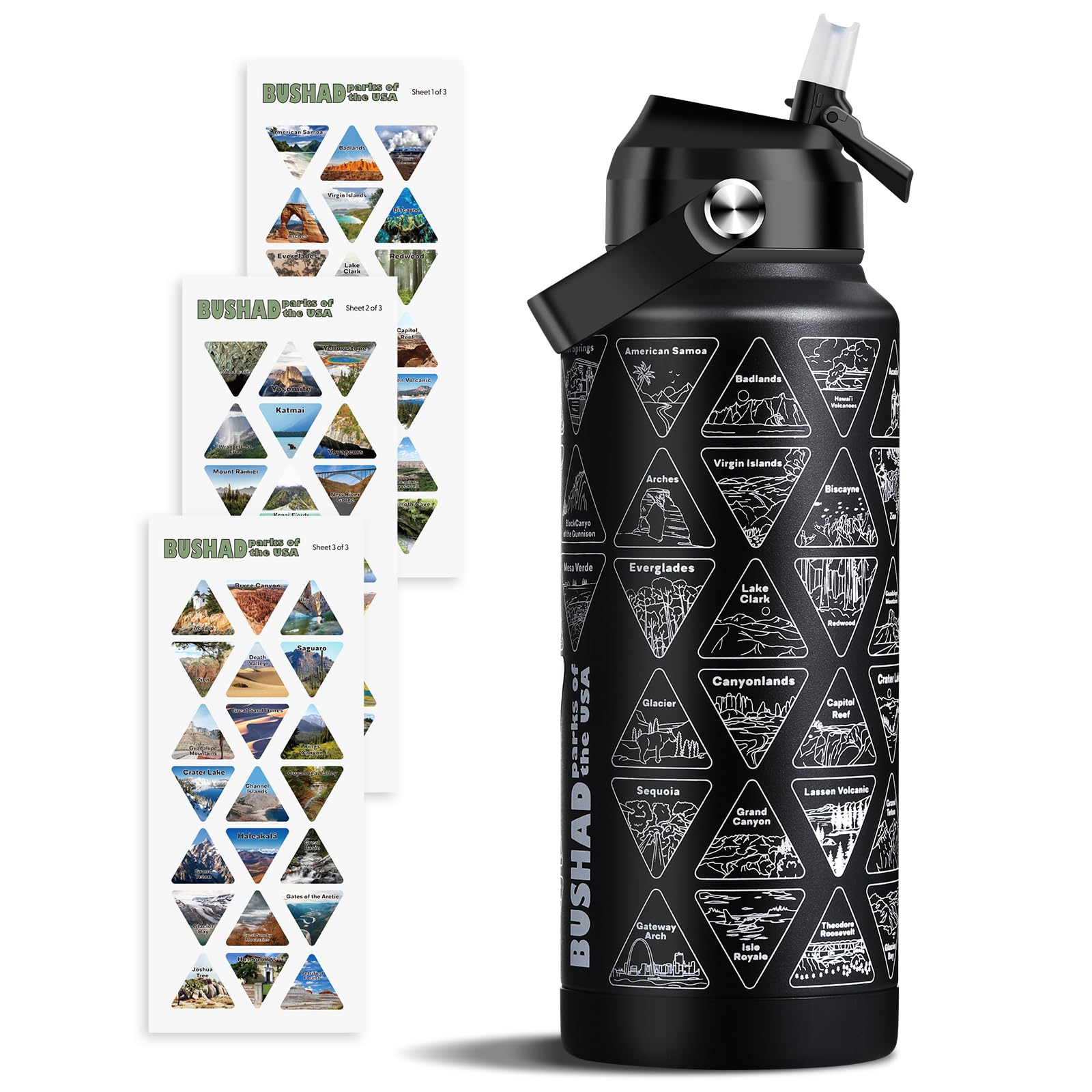 National Parks Water Bottle with Stickers | 32oz Wide Mouth Leakproof Stainless Steel Bucket List Insulated Bottle for Camping &