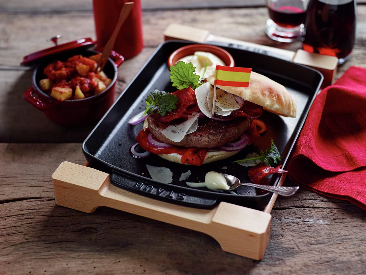 Staub Cast Iron 13 X 9-Inch Rectangular Serving Dish With Wood Base - Matte Black, Made In France