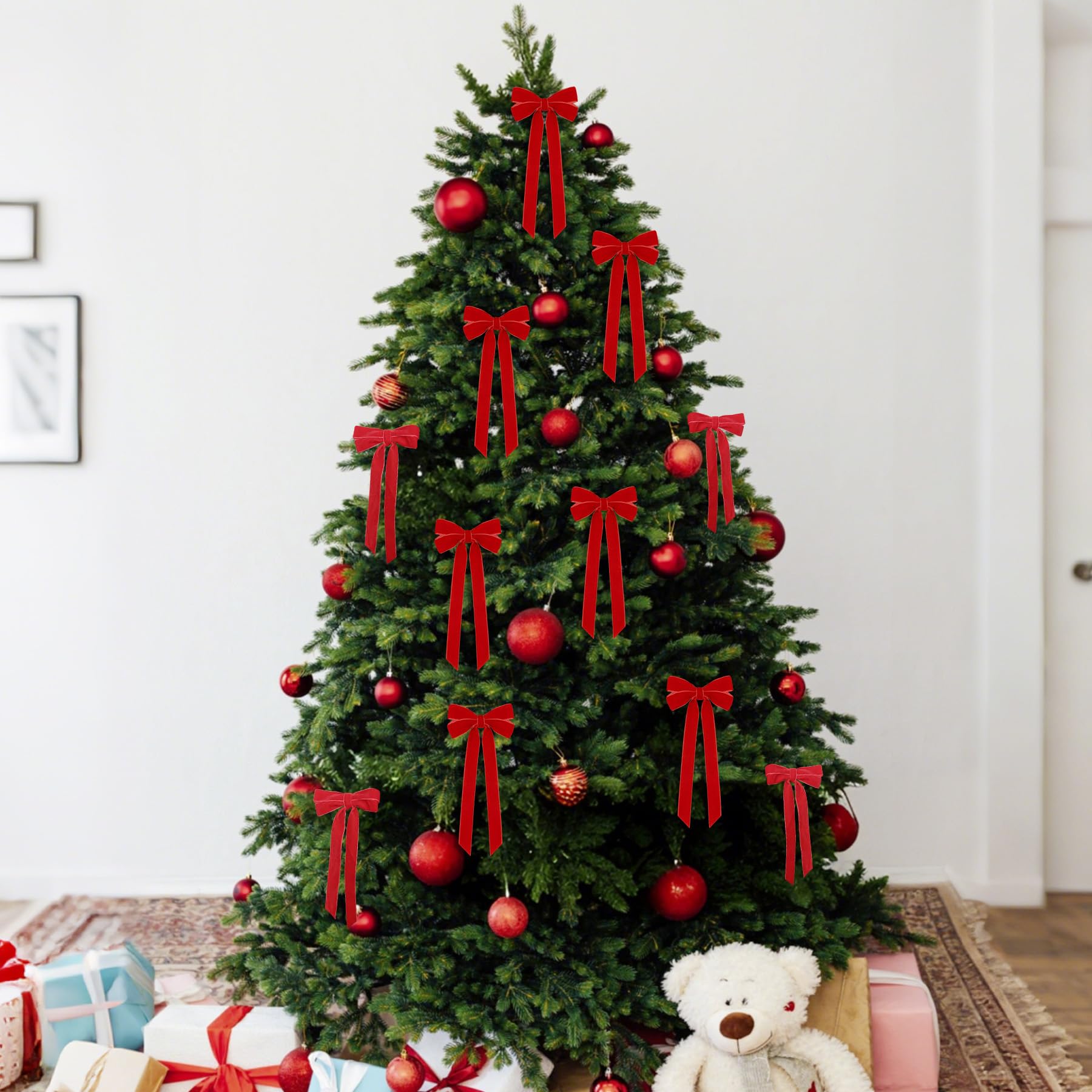12Pcs Red Velvet Ribbon Bows Christmas Tree Decorations,5in x 10in Xmas Ornaments for Tree Home Party Front Door Wreath Holiday