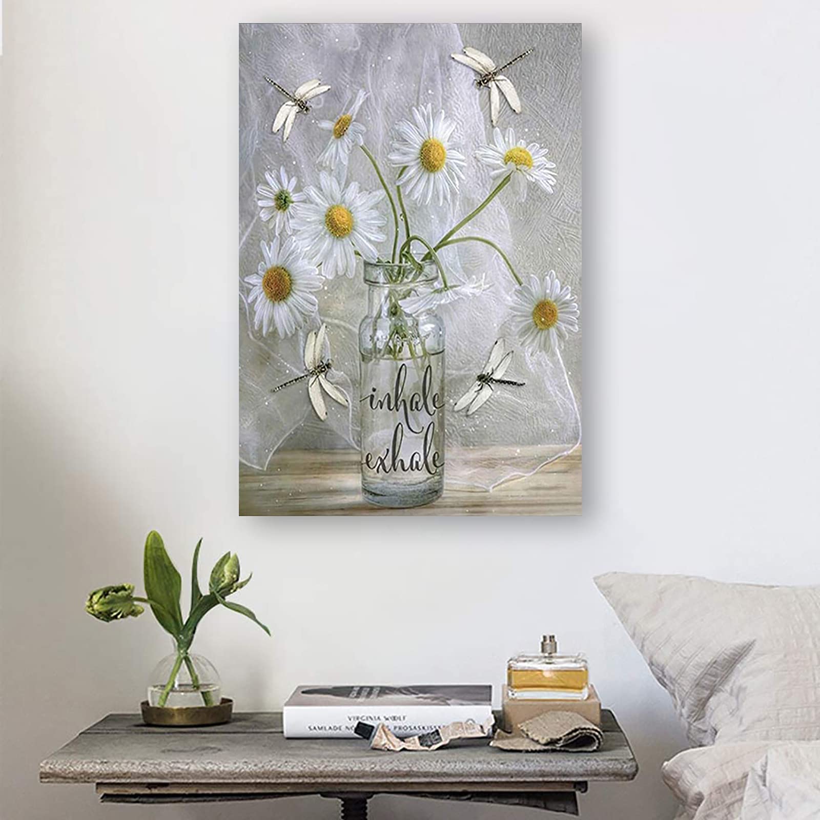 Unikei, Daisy Wall Art Canvas Deep Breath Inhale Exhale Inspirational Art Poster Paintings Flower In Vase White Floral Dragonfli