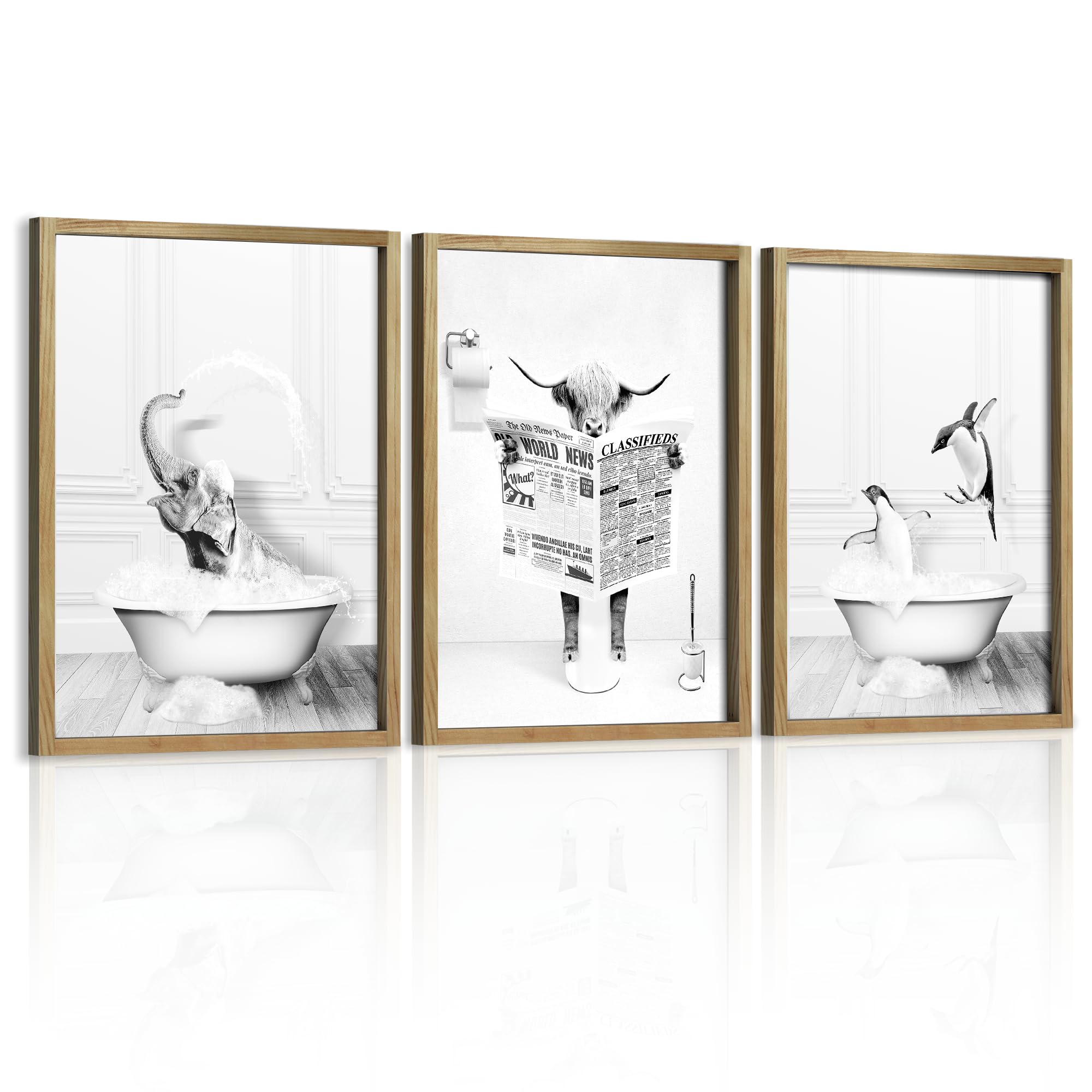 Heiple Set Of 3 Framed Bathroom Wall Art Funny Penguin, Cow & Elephant For Funny Bathroom Wall Decor Hanging Farmhouse Home Bath