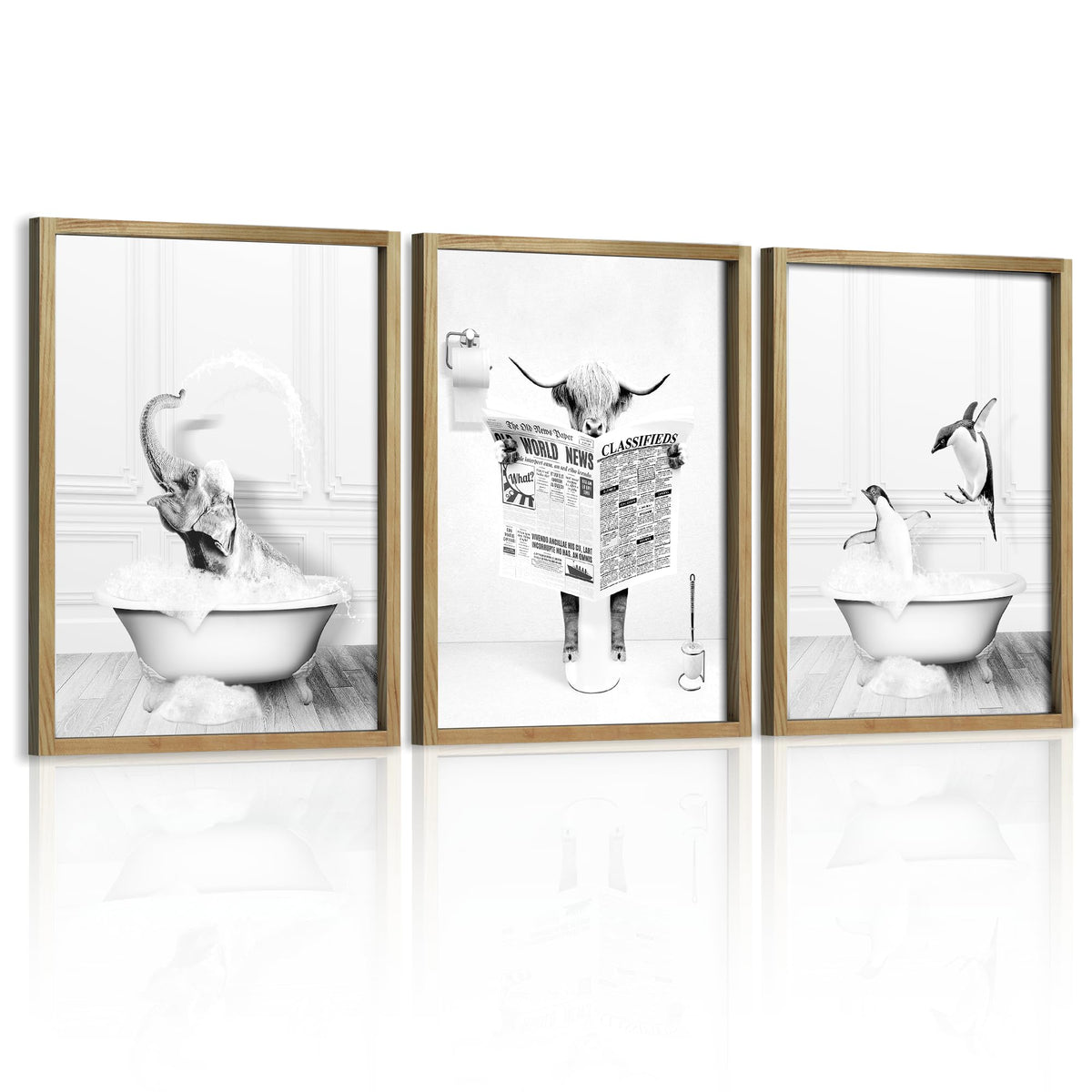 Heiple Set Of 3 Framed Bathroom Wall Art Funny Penguin, Cow & Elephant For Funny Bathroom Wall Decor Hanging Farmhouse Home Bath