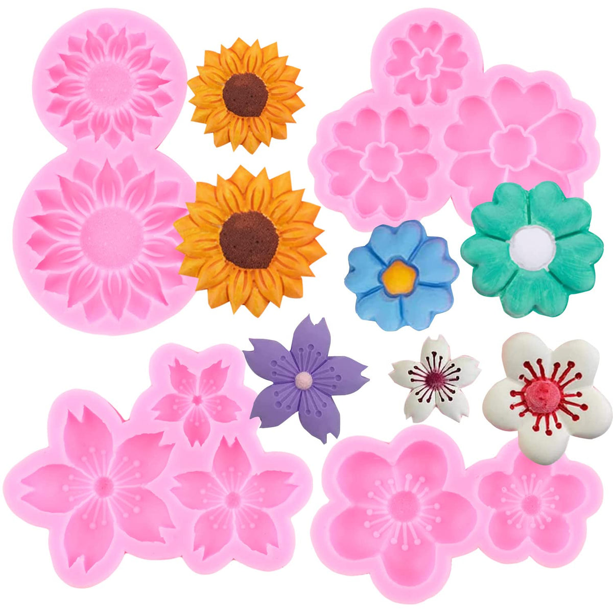 Miyahouse Flower Silicone Mold Sunflower Chrysanthemum Cherry Blossoms Plum Blossoms Small Flower Silicone Molds For Cake Decora