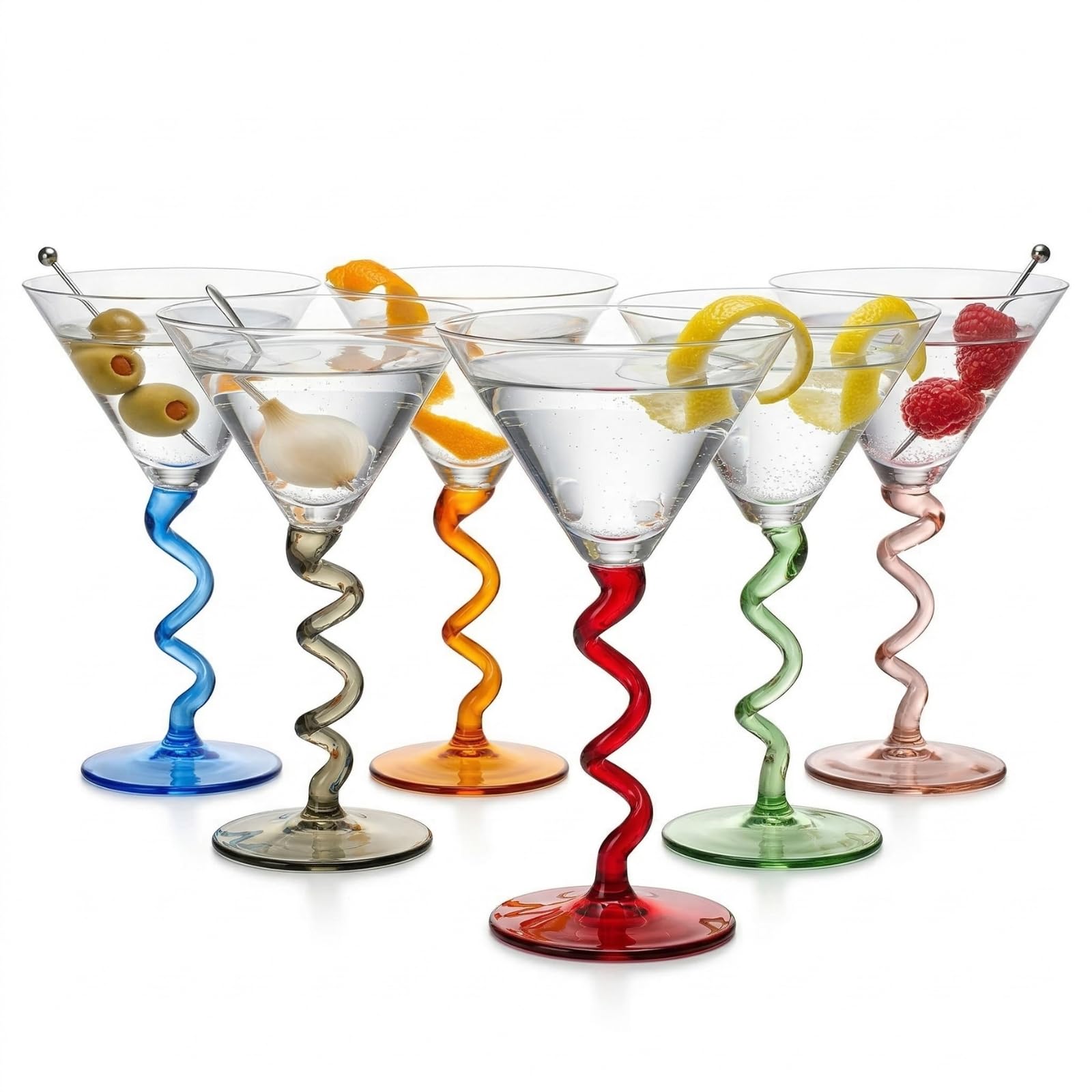 Spiral Stem Martini Glasses Set of 6, 9.2oz 7.05" Multicolor Twisted Base Glass