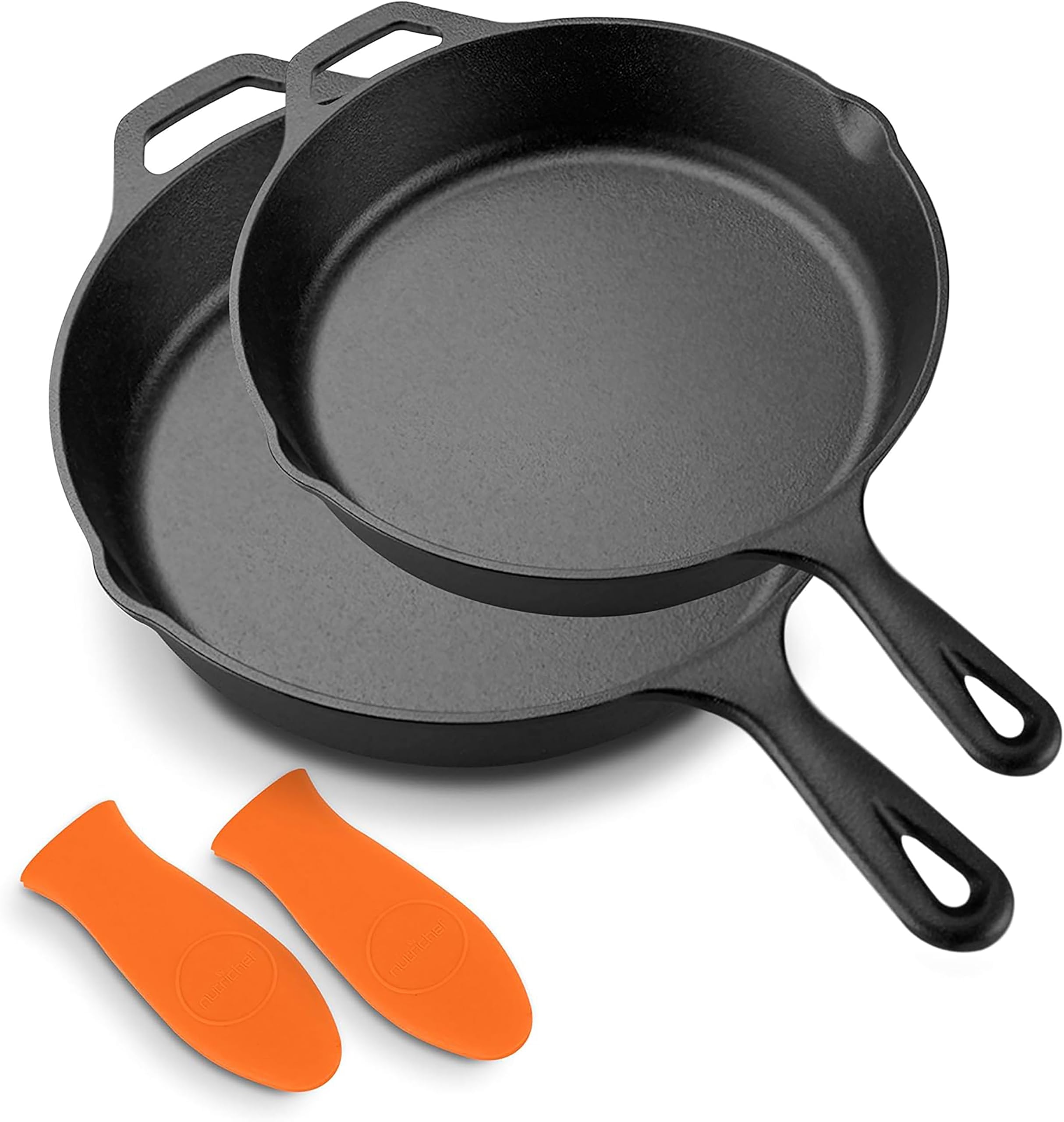 NutriChef 10 & 12 Pre-Seasoned Cast Iron Pans - Durable Nonstick Skillets, Cool-Touch Silicone Handle, For Oven, Grill & All Sto