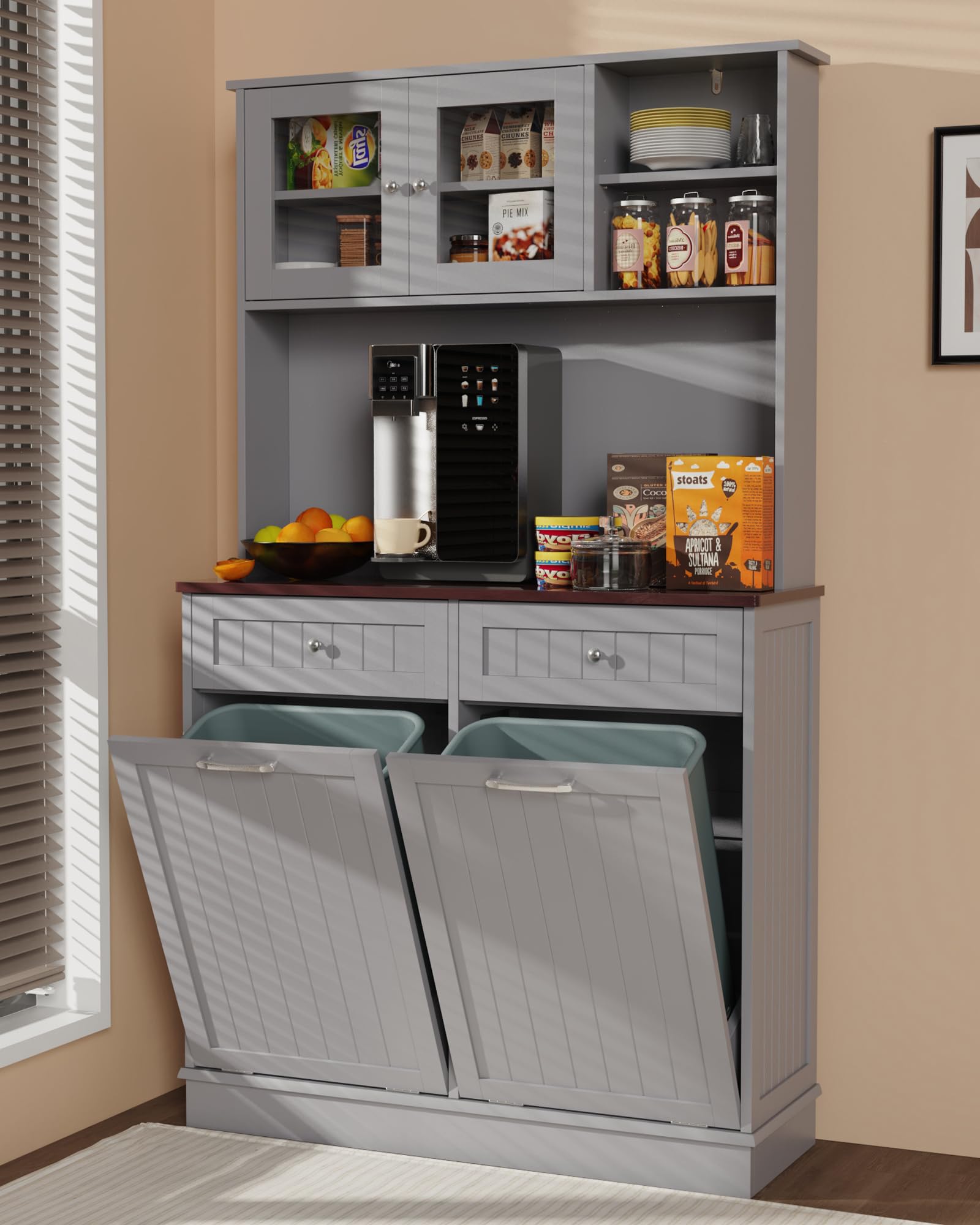 YOCONYO Double Tilt Out Trash Cabinet Storage Cabinet 20 Gallon with Two Solid Wood Hideaway Trash Holder Drawers, Dual Wooden F