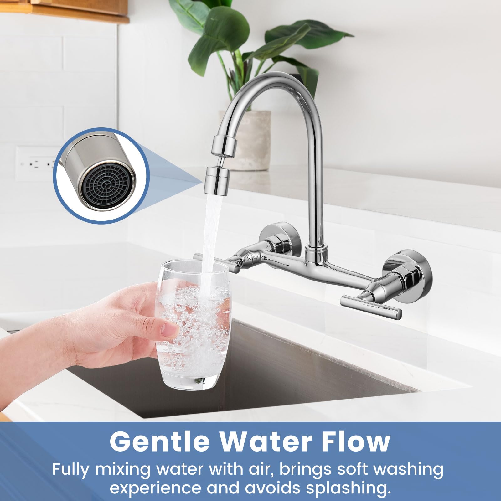 Airuida Chrome Polish Wall Mount Kitchen Sink Faucet Wall Mounted Kitchen Faucet 8 Inch Center Double Handles 360 Degree Swivel