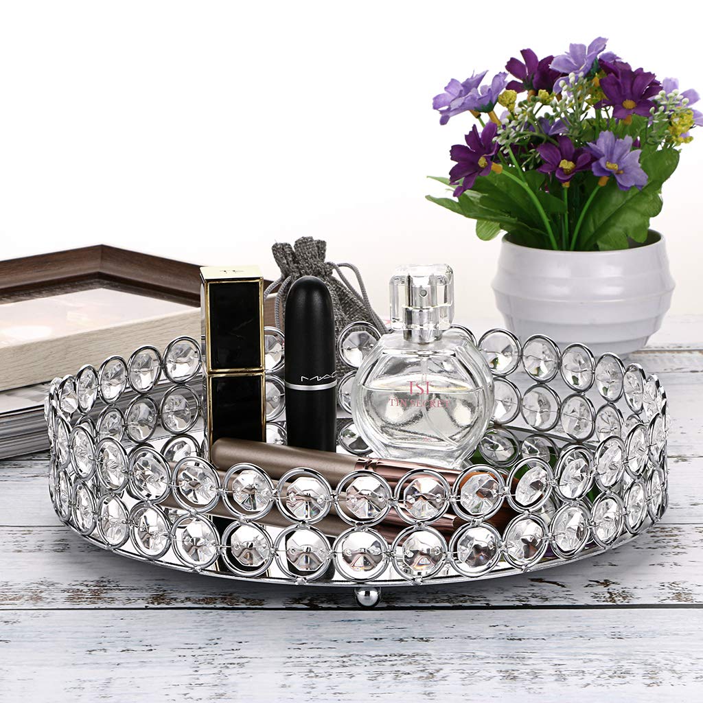 Hipiwe Crystal Make Up Tray, Mirror Perfume Tray Bathroom Storage Tray Jewelry Trinket Tray Vanity Cosmetic Organizer Tray Home