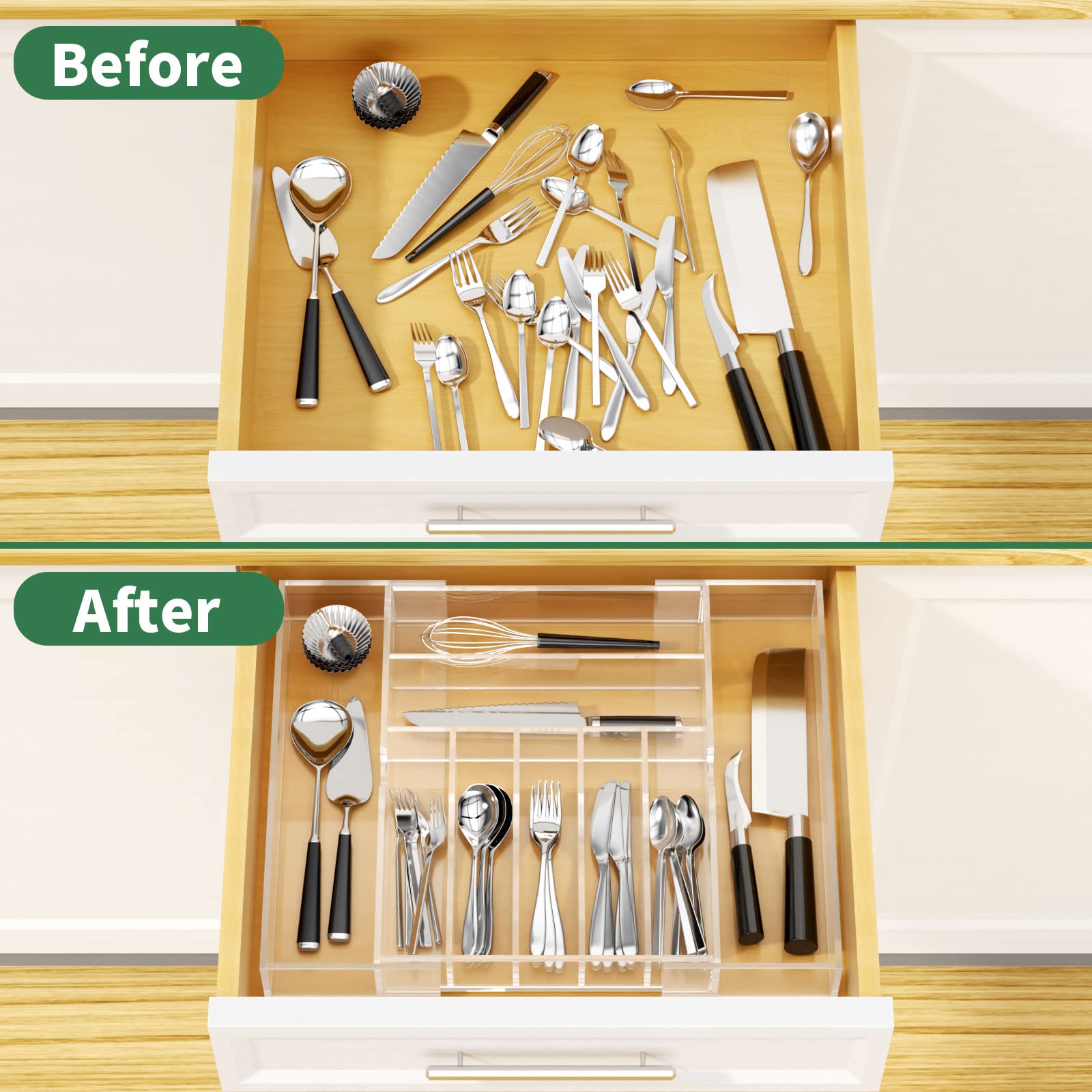 NIUBEE Expandable Kitchen Drawer Organizer for Flatware and Utensils Clear Acrylic Adjustable Silverware Tray for Drawer Office Bathroom Supplies-9 Compartments