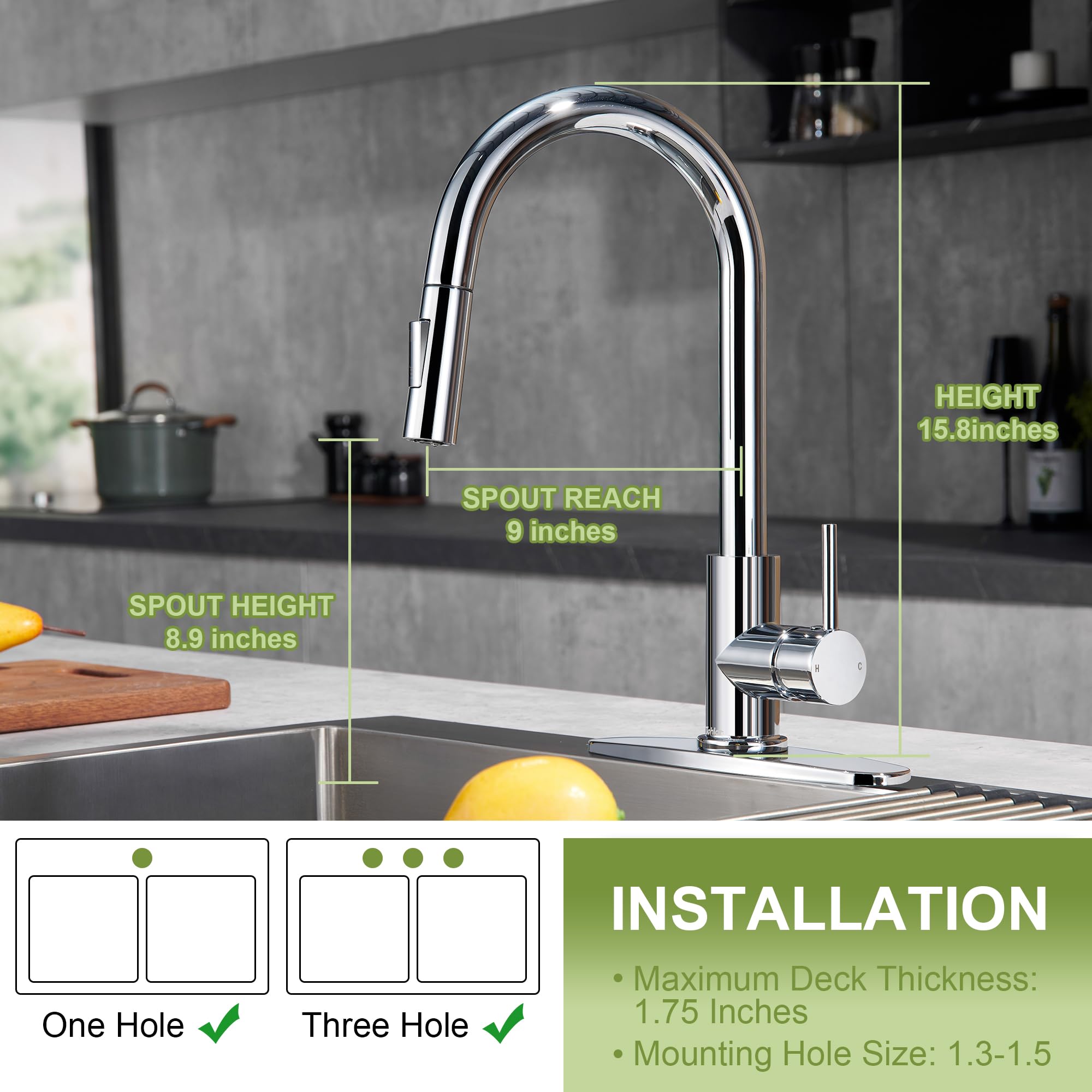 Tohlar Chrome Kitchen Faucets with Pull Down Sprayer  Single Handle Kitchen Sink Faucet Modern Staninless Steel Kitchen Faucet with Deck Plate