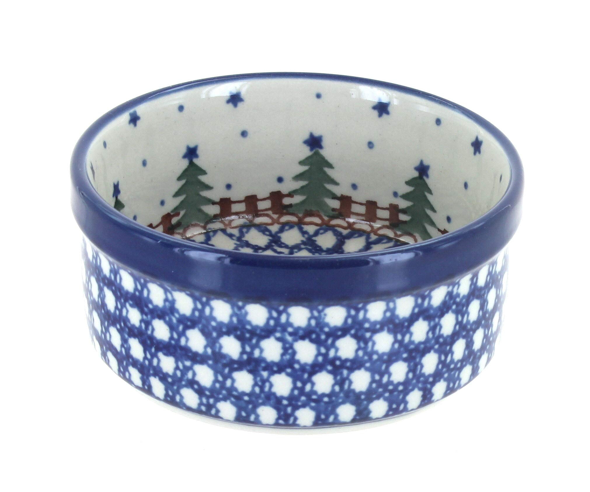 Blue Rose Polish Pottery  Blue Rustic Pines Small Ramekin  3.75 Diameter  Ceramic Baking & Serving Dish, Perfect for Souffl