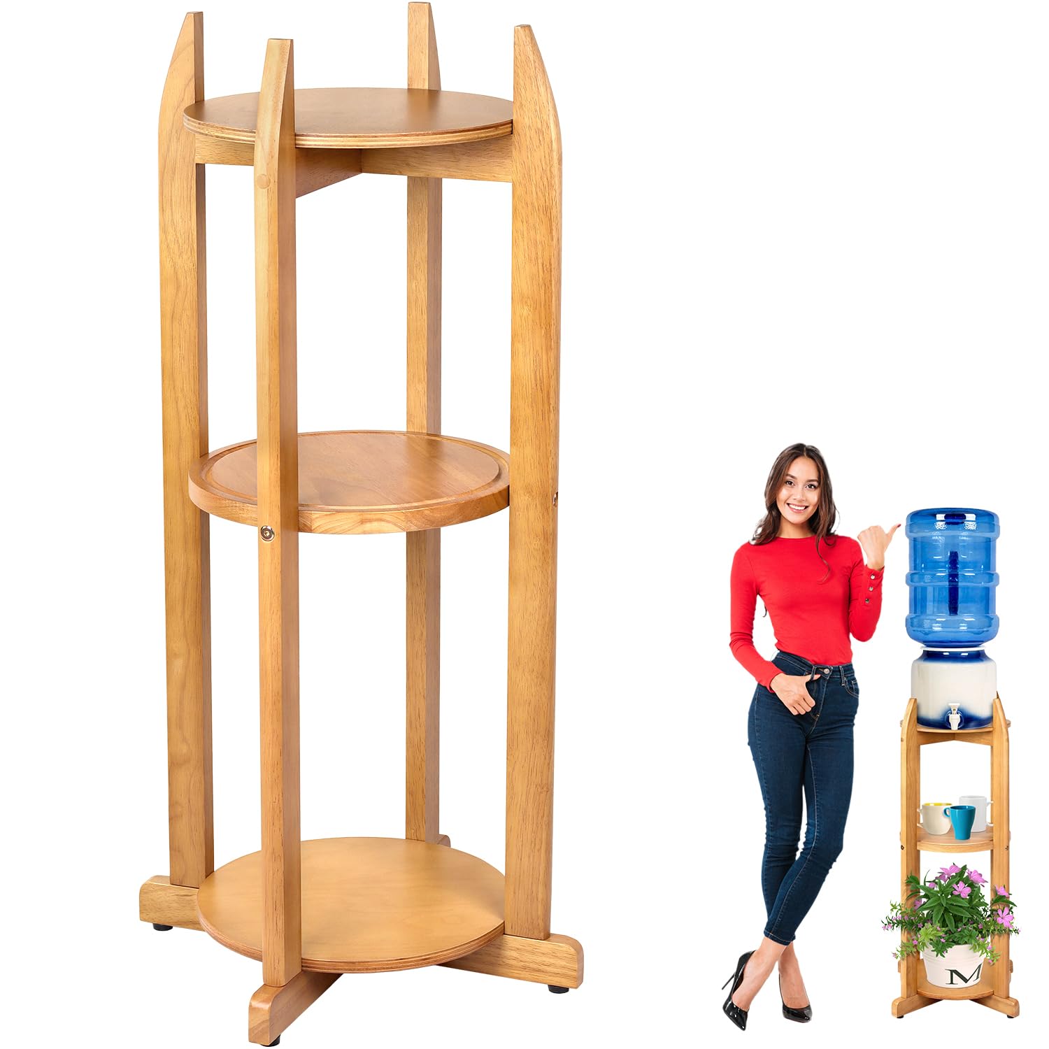 Natural Solid Wood Water Dispenser Floor Stand (32.8 Hight-11.2 Wide) Drink Dispenser Floor Stand with 3 Round Shelfs Included f