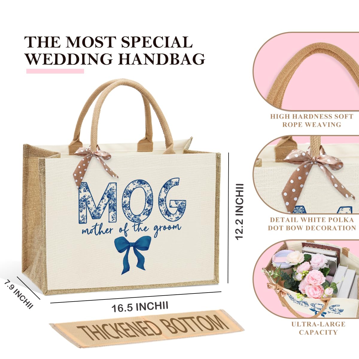 Bride Bag Gifts, Bridal Shower Gifts, Blue Bows Canvas Tote Bag, Wedding Bachelorette Honeymoon Gift Bridesmaid Tote Bags, Mothe