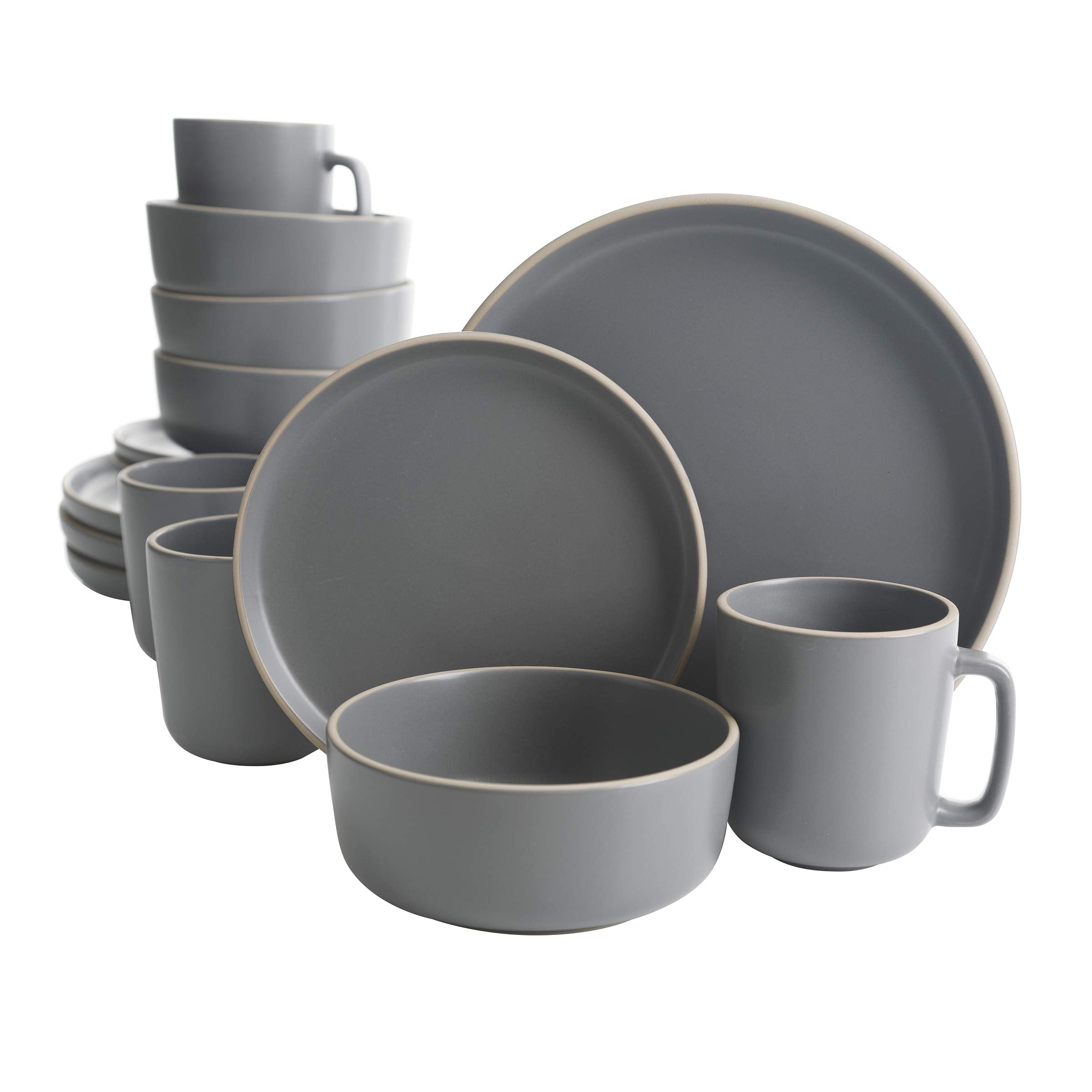 Gibson Home Zuma 16 Piece Round Kitchen Dinnerware Set, Dishes, Plates, Bowls, Mugs, Service for 4, Matte Stoneware, Grey, Gray