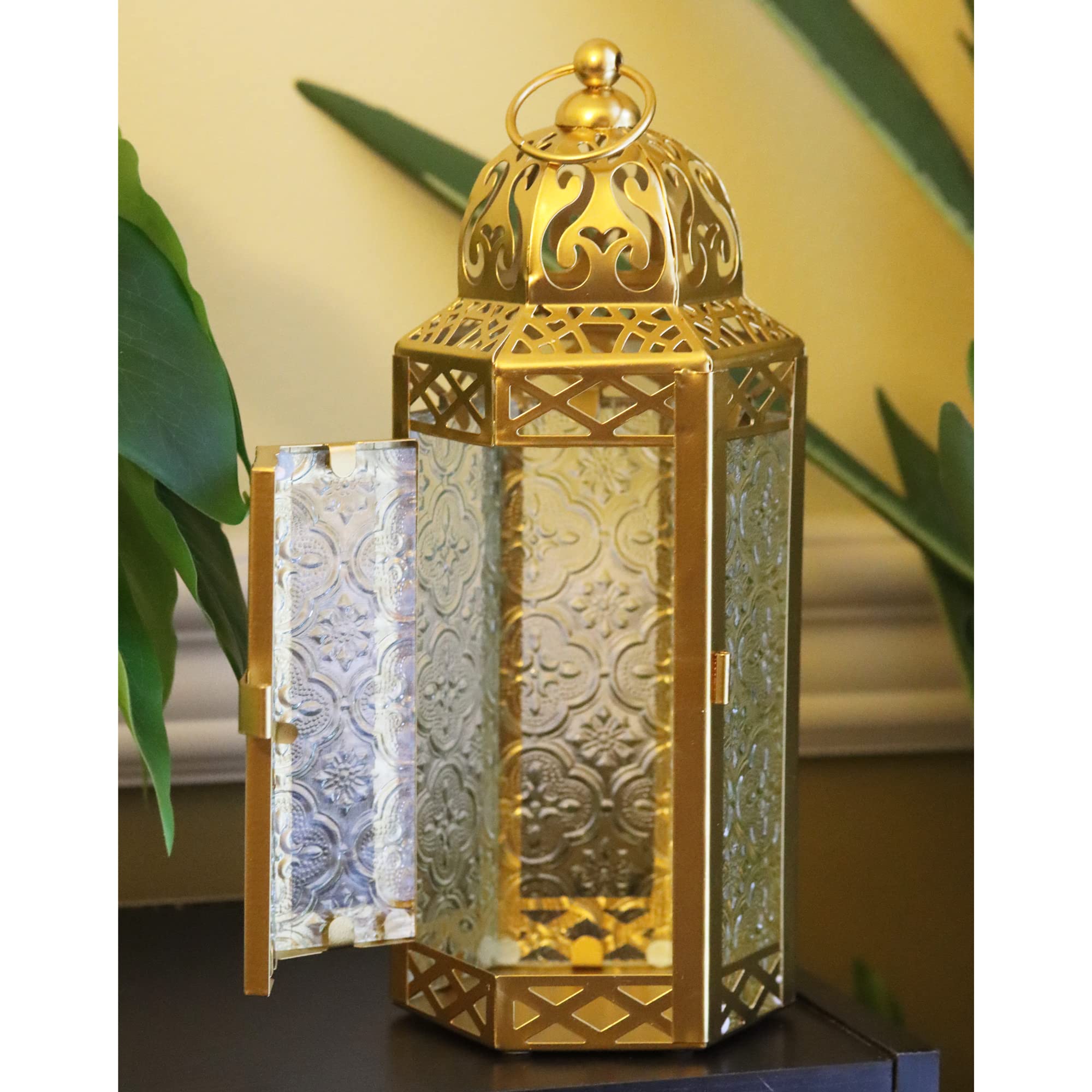 VELA LANTERNS 10.5 Gold Moroccan Candle Lantern Decorative Candle Holder Lamp for Table or Hanging, Ramadan Decorations, Indoor