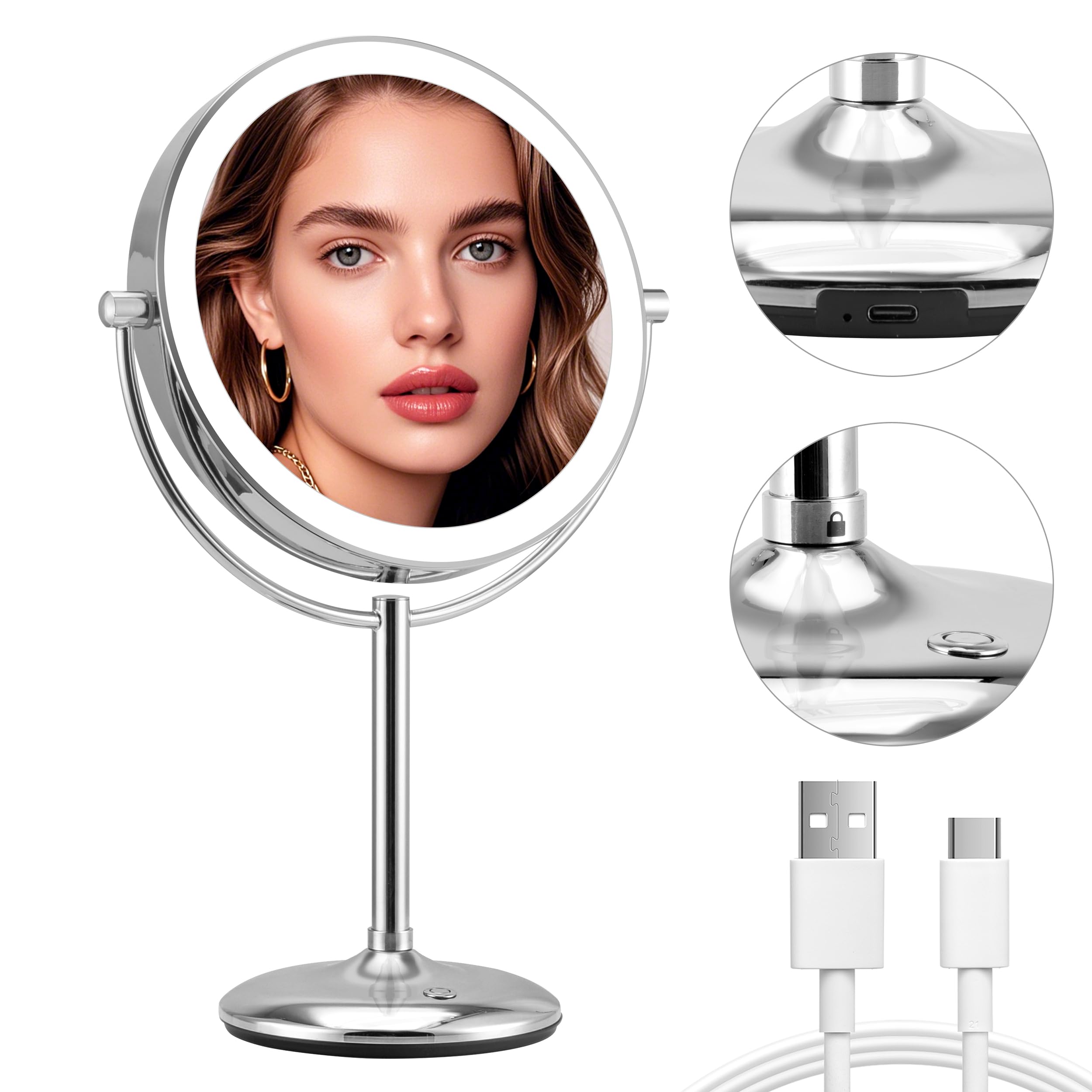 Magnifying Makeup Mirror With Light: 9'' Large 1X/10X Lighted Makeup Mirror, Double Sided Vanity Tabletop Mirror 360Rotation & A