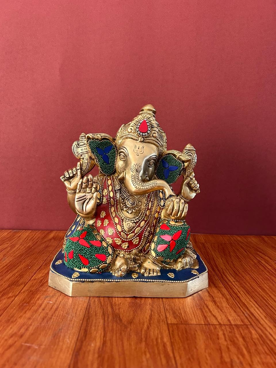 Mridaya Brass Ganesha Statue With Mosaic Stonework, 20 Cm Brass Ganesh Statue, Ganpati Idol, Good Luck Gift For New Beginnings, 