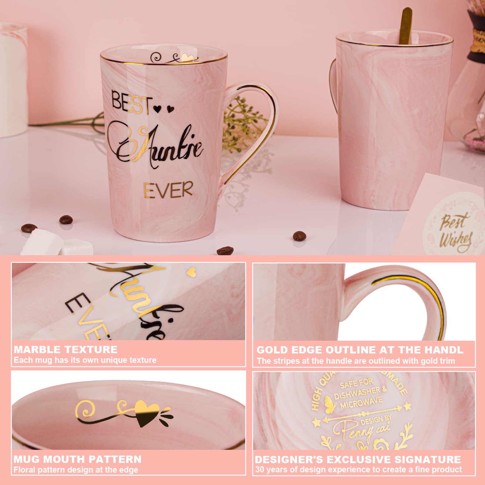 Aunt Gifts from Niece  Nephew - Gifts for Aunt - Best Aunt Ever Gifts Mug - Funny Happy Birthday Christmas Present for Aunt  Auntie  Aunty - Marble Ceramic Coffee Mug Gifts Box Printed Gold 14 Oz Pink