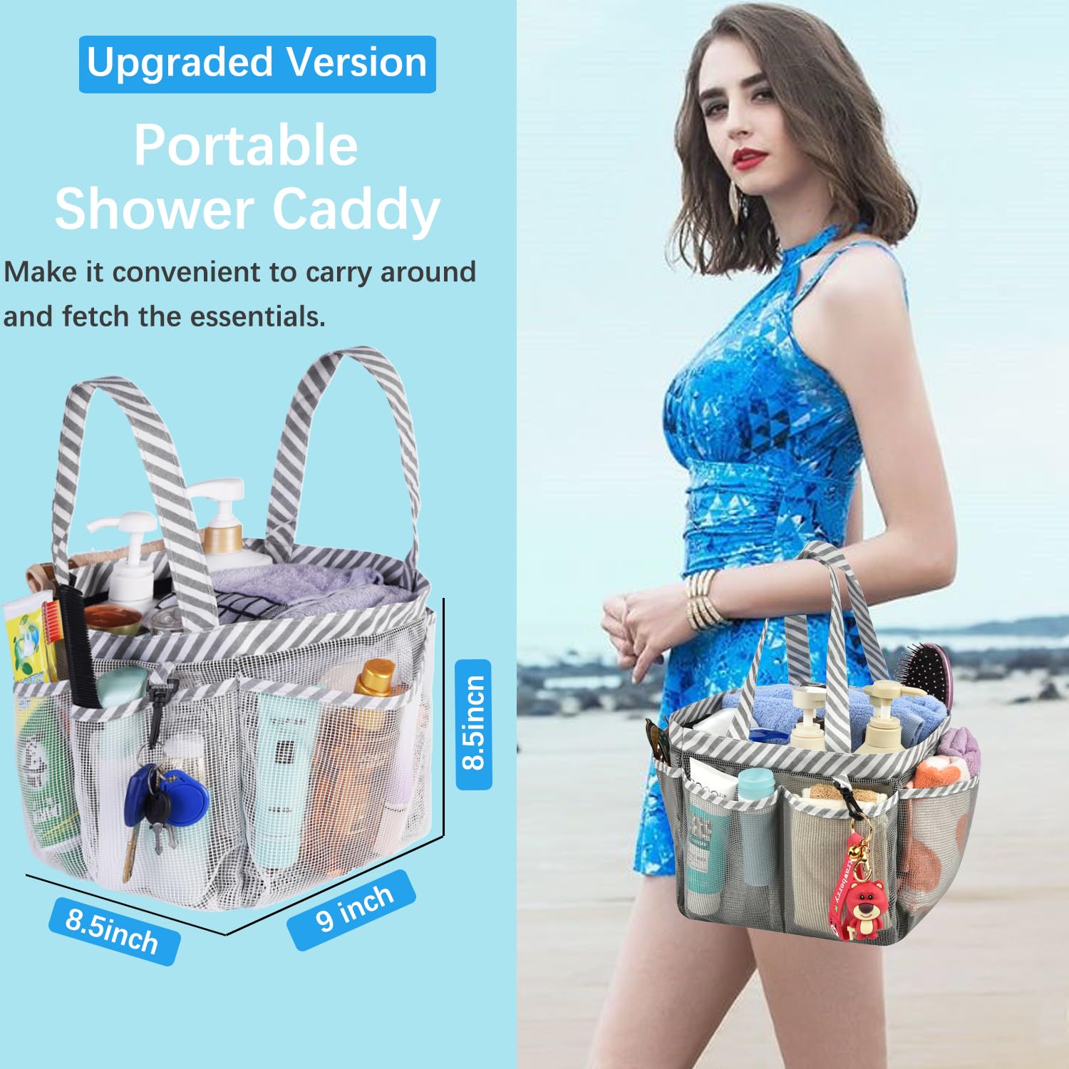 Haundry Mesh Shower Caddy Bag for College Dorm Room Essentials Portable Shower Caddy Tote with 8 Pockets for Beach  Swimming  Gym  Travel