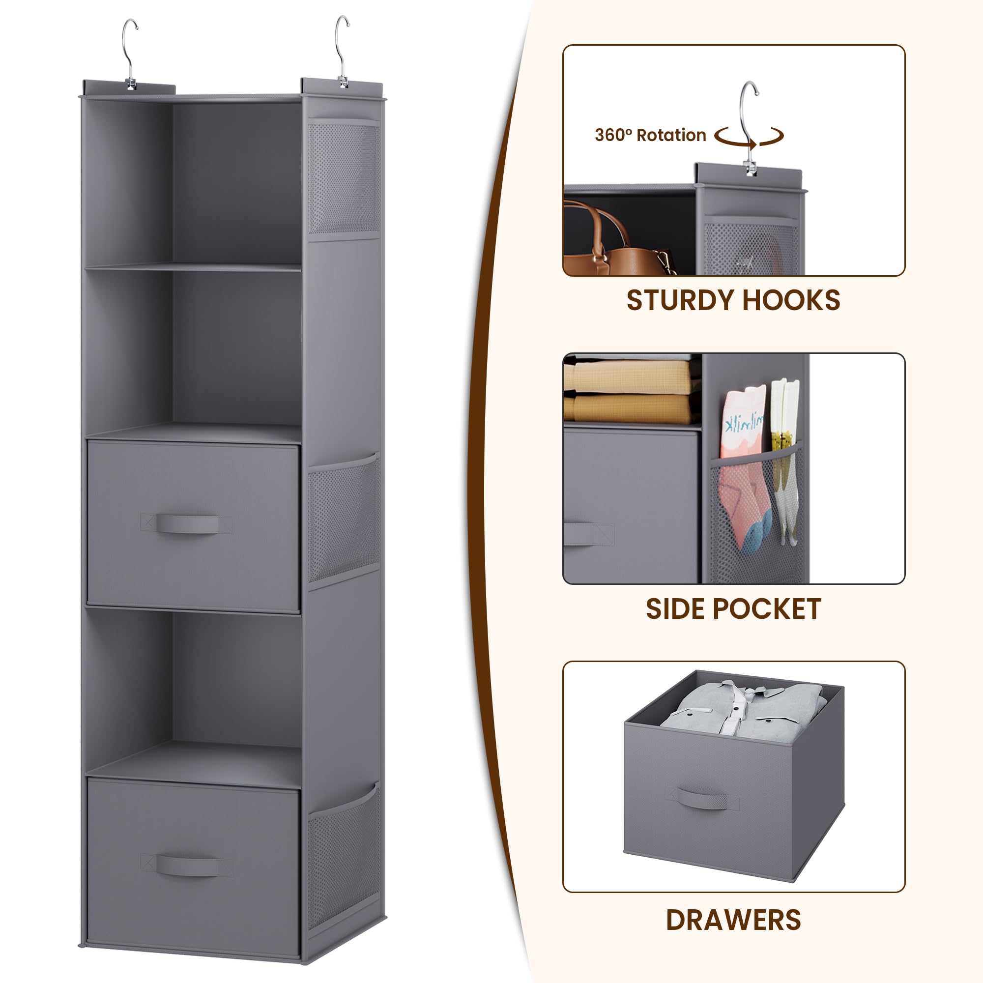 Youdenova Hanging Closet Organizer, 5 Tier Hanging Closet Shelves With Drawers And 6 Side Pockets, Grey