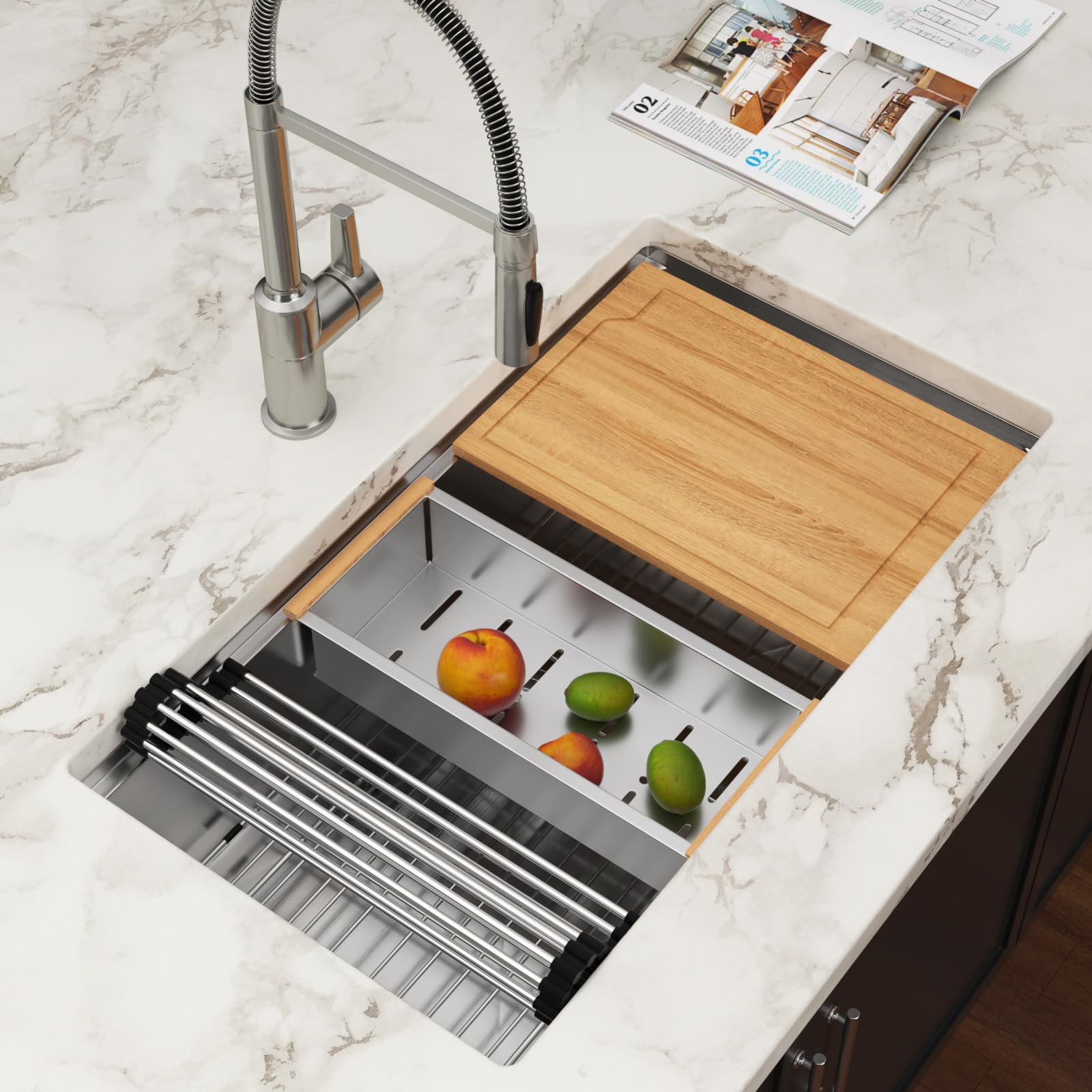 Couoko 33 Inch Undermount Kitchen Sink 16 Gauge Stainless Steel Workstation Round Corners Single Bowl Under Counter Kitchen Sink