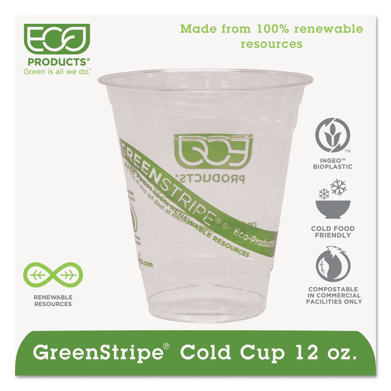 Eco-Products Epcc12Gs Greenstripe Renewable & Compostable Cold Cups - 12Oz., 50/Pk, 20 Pk/Ct
