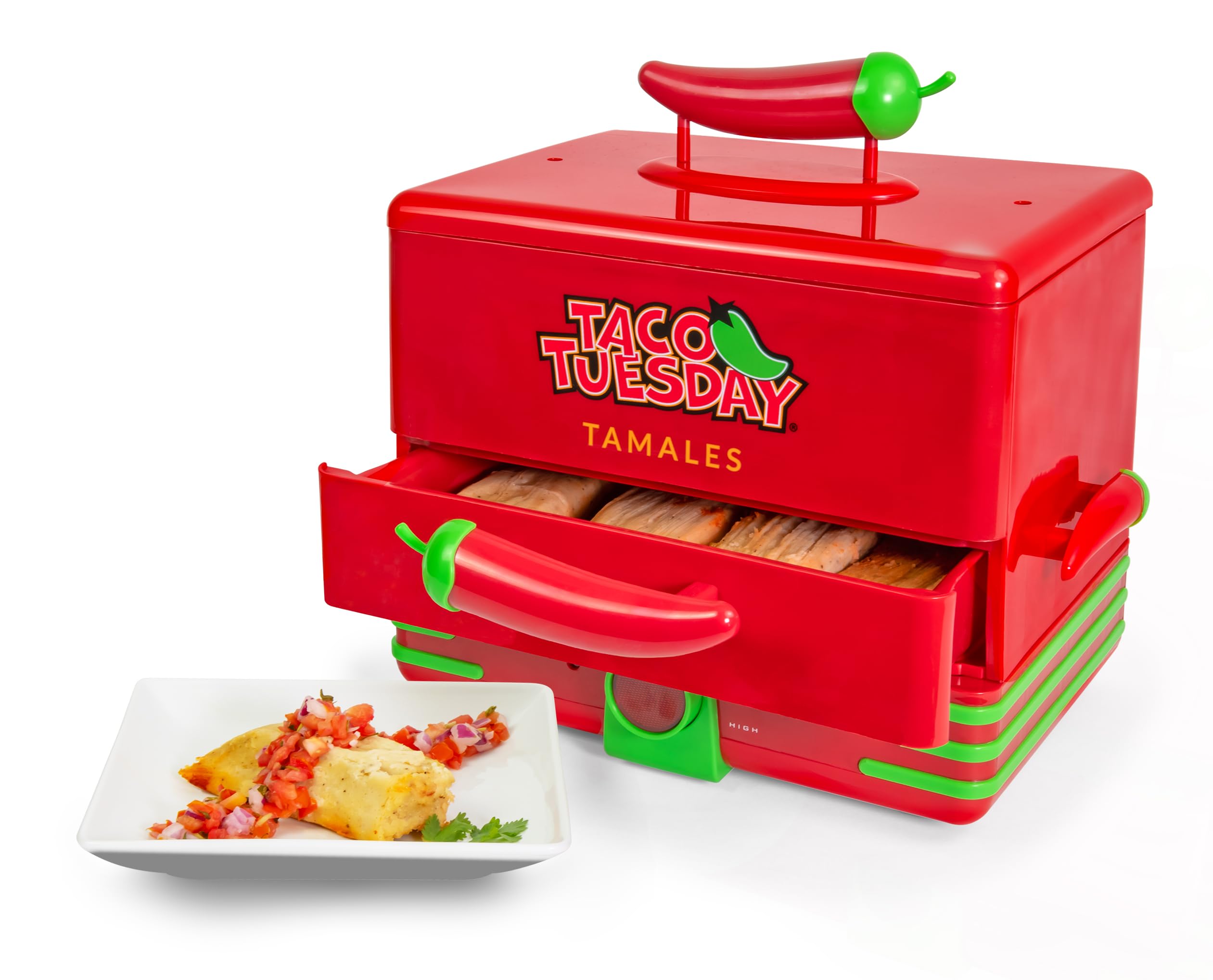 Nostalgia Taco Tuesday Tamales Steamer - Veggie, Pot Sticker, Hot Dog, Egg, & Hot Tamale 2 Tier Food Steamer - Red And Green