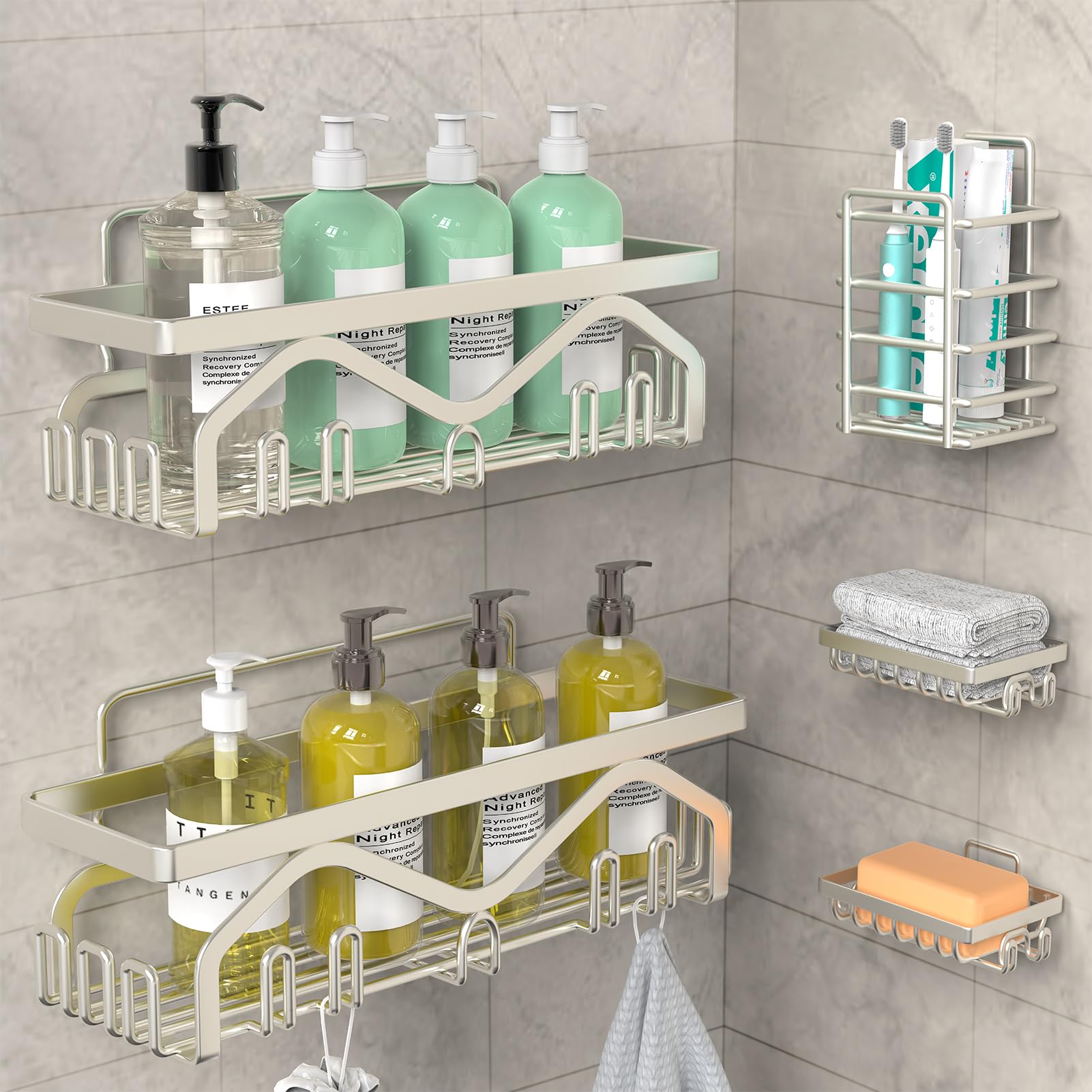 Coraje Shower Organizer [5-Pack] Shower Shelves for Inside Shower Adhesive Shower Caddy  No Drilling Rustproof Stainless Steel Extra Large Bathroom Shower shelf  Silver