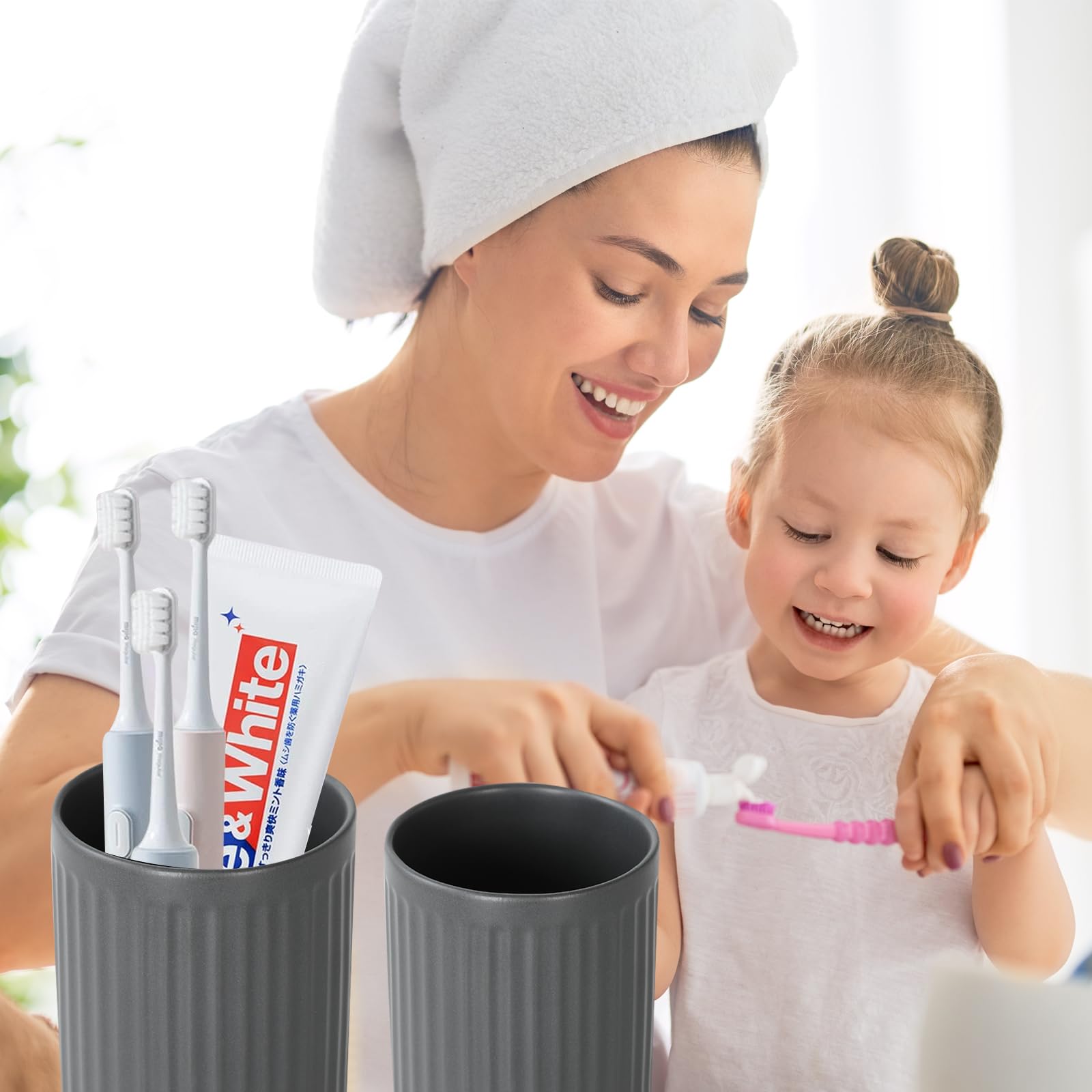 BSDISP Grey Ceramic Toothbrush Holders Set - 2pcs Bathroom Tumbler Cups for Toothpaste, Reusable Counter Organizer