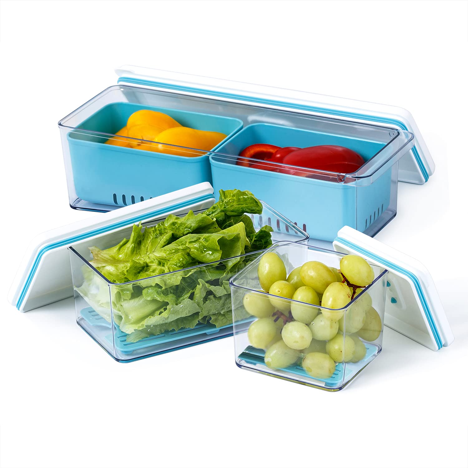Lille Home Stackable Produce Saver, Organizer Bins/Storage Containers With Removable Drain Tray, Set Of 3, For Refrigerators, Ca