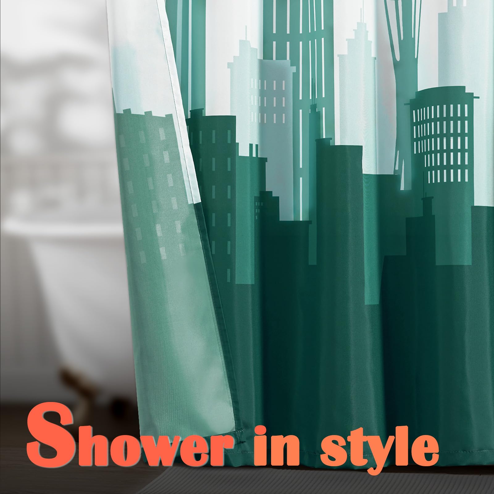 Jinchan Teal And White Ombre Shower Curtain City Skyline Unique Design Shower Curtains For Bathroom Modern Luxury Cityscape Wate