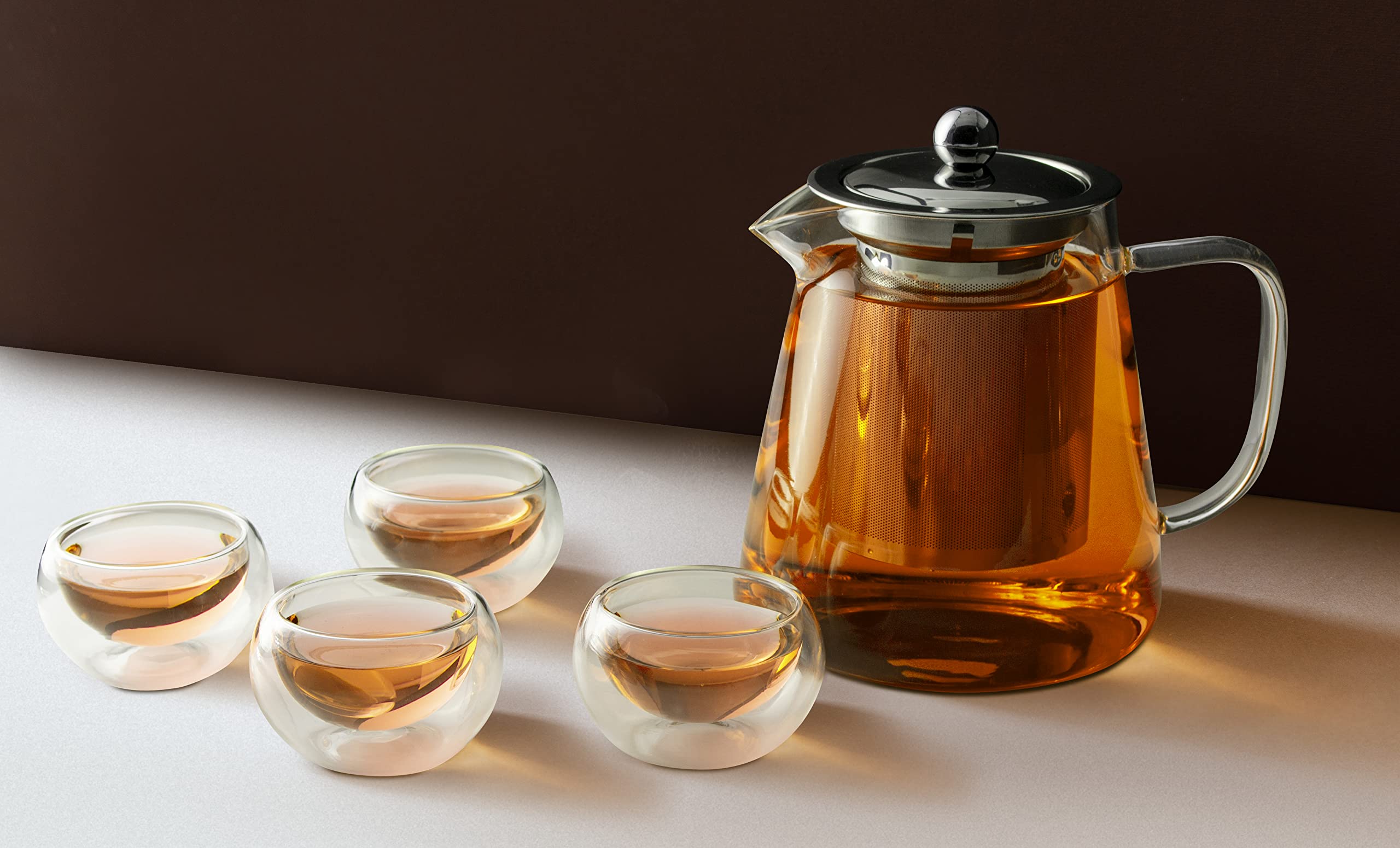 Eternal Living Glass Teapot With Infuser Removable Stainless Steel Strainer And 4 Double Wall Cups, Tea Maker