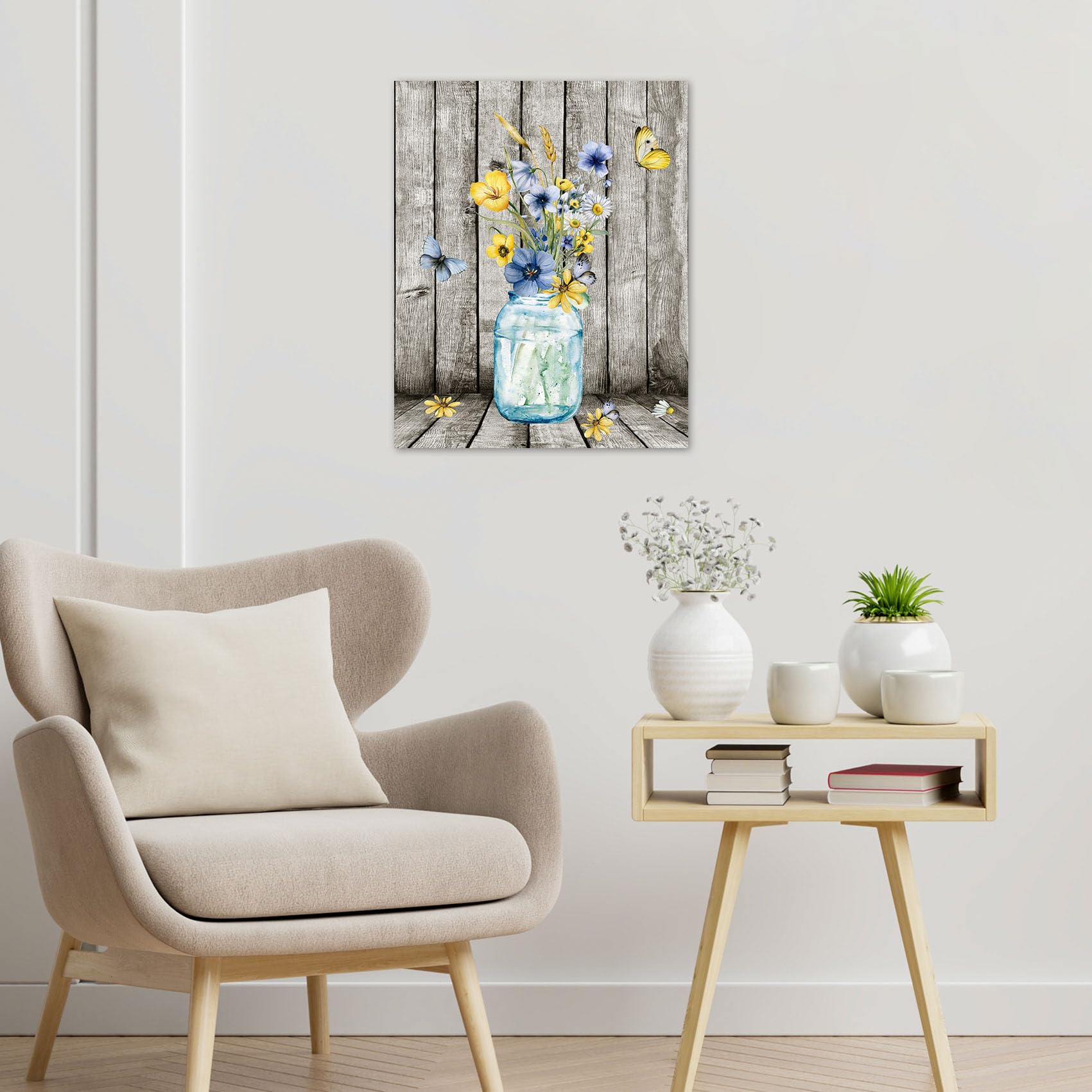Hvest Blue And Yellow Floral Wall Art For Living Room,Blue Flower In Vase And Butterfly On Farmhouse Wood Canvas Wall Art Countr