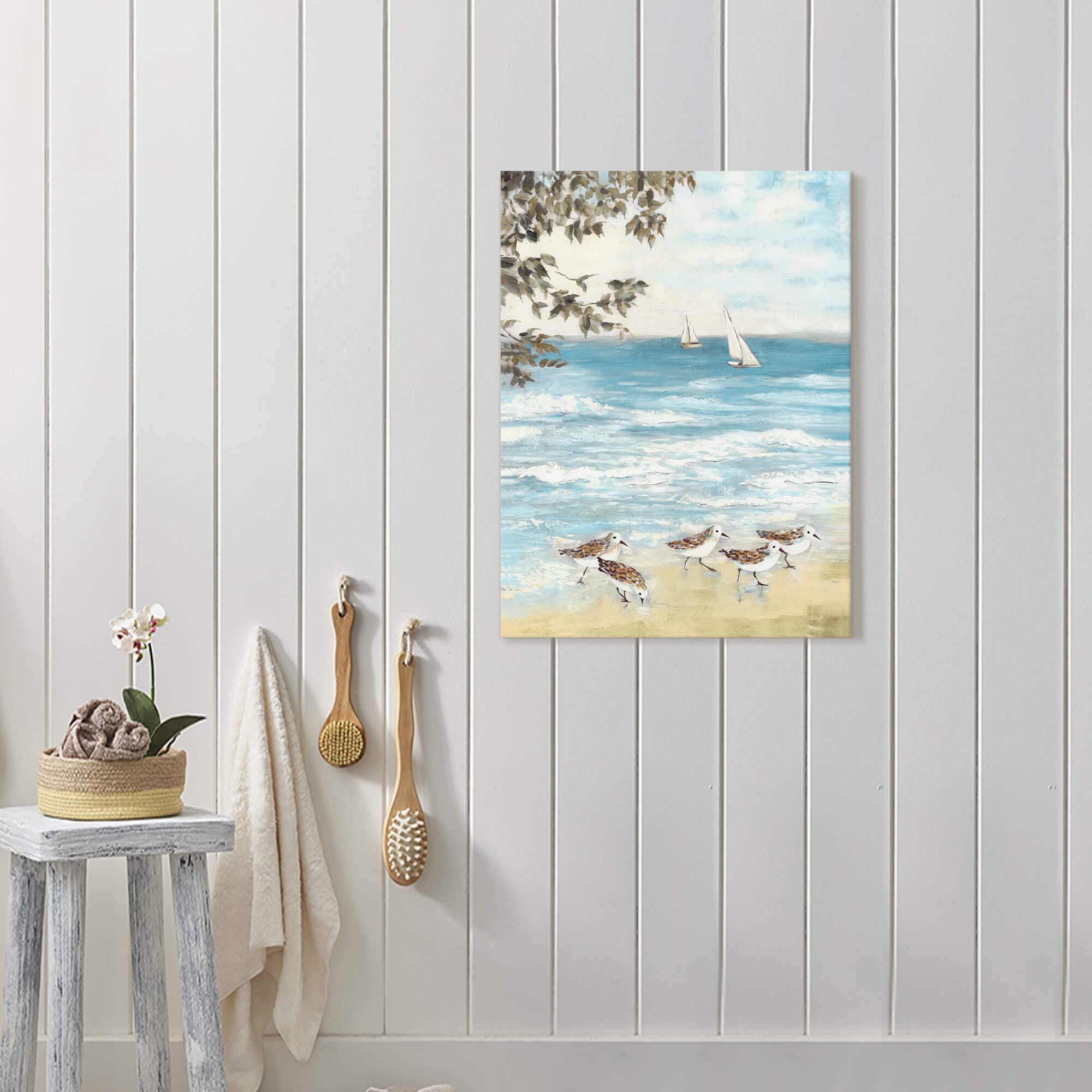 Summer Melody Beach Sandpiper Painting Wall Art: Coastal Sea Bird Canvas Abstract Ocean Artwork For Bedroom Seashore Seagull Pic