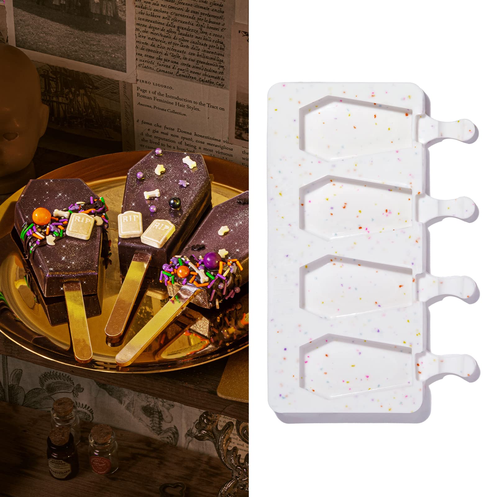 Fancy Sprinkles Limited Edition Halloween Elvira Coffin Cakesicle Mold, 4 Cavities Reusable Silicone, For Baking & Dessert Decor