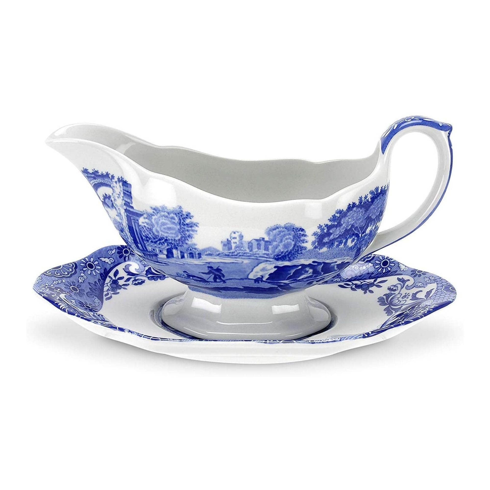 Spode Blue Italian Gravy Boat and Saucer  Spout for Gravy  Sauces  and Salad Dressings  Earthenware  9-Ounce Capacity  Large Handle  Dishwasher Safe