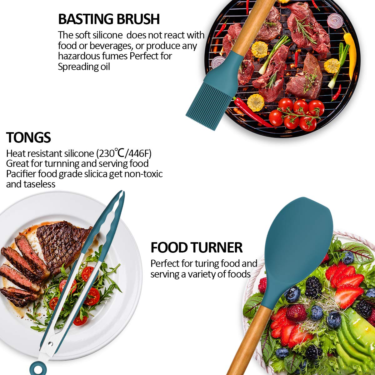 Umite Chef Kitchen Utensils Set, Non-Stick Silicone Kitchen Utensils, Spatula Set With Holder, Wooden Handle, Heat Resistant Sil