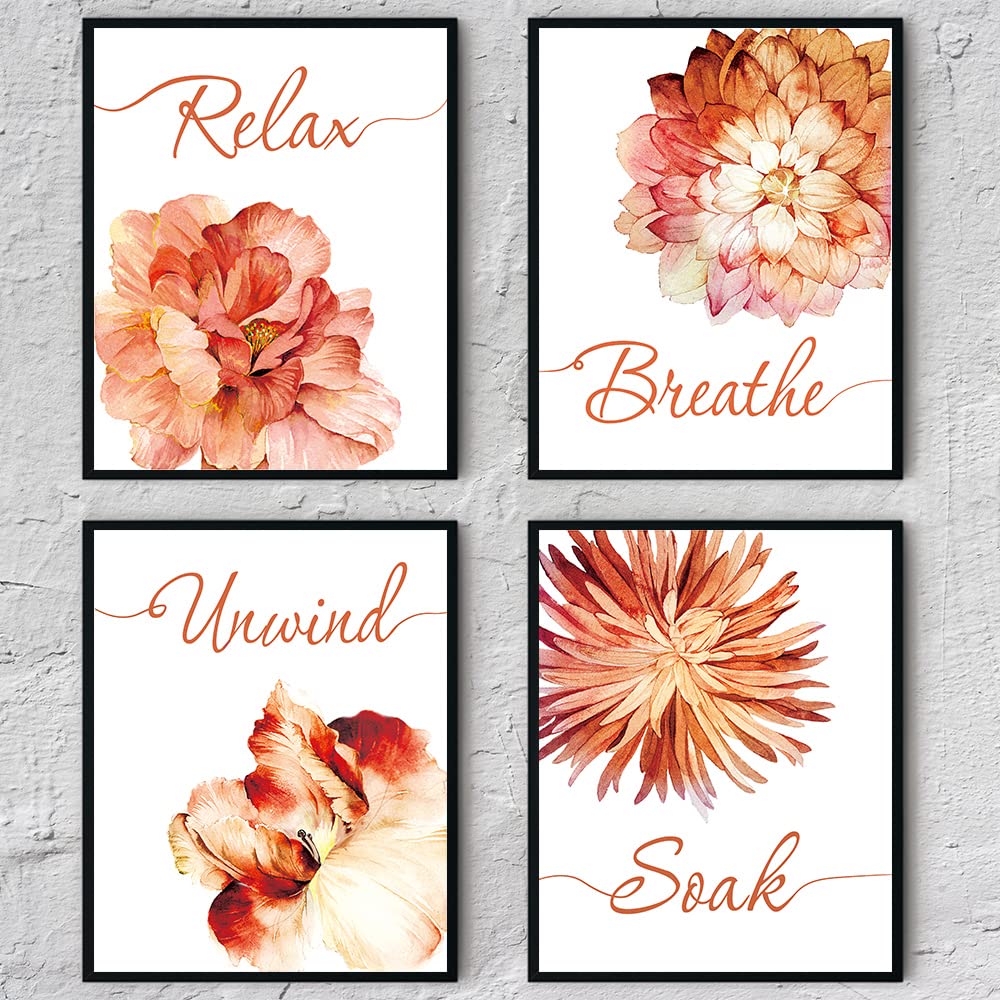 Iiiluyot 4Pcs Bathroom Wall Art Decor Flowers Unframed Poster Prints Relax, Soak, Unwind, Breathe, Bathroom Wall Decor Art Paint