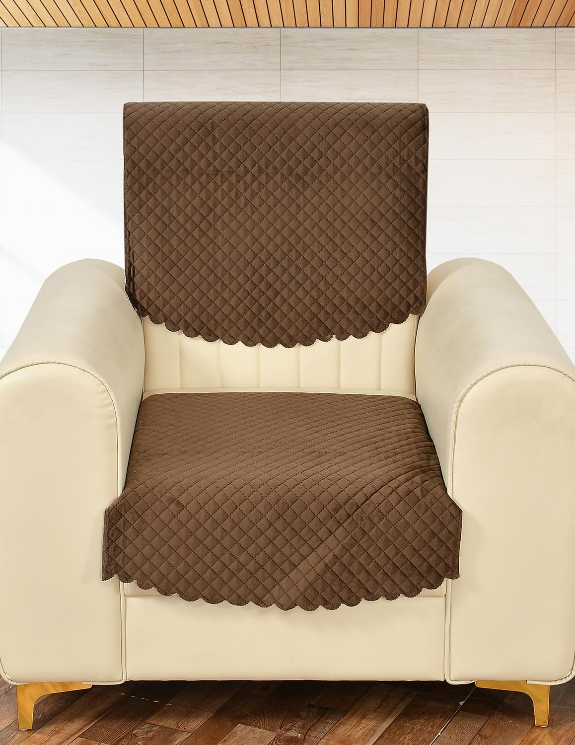 Yellow Weaves 1 Seater Self Design Quilted Sofa Chair Cover, Seat & Back Cover, Color - Dark Brown