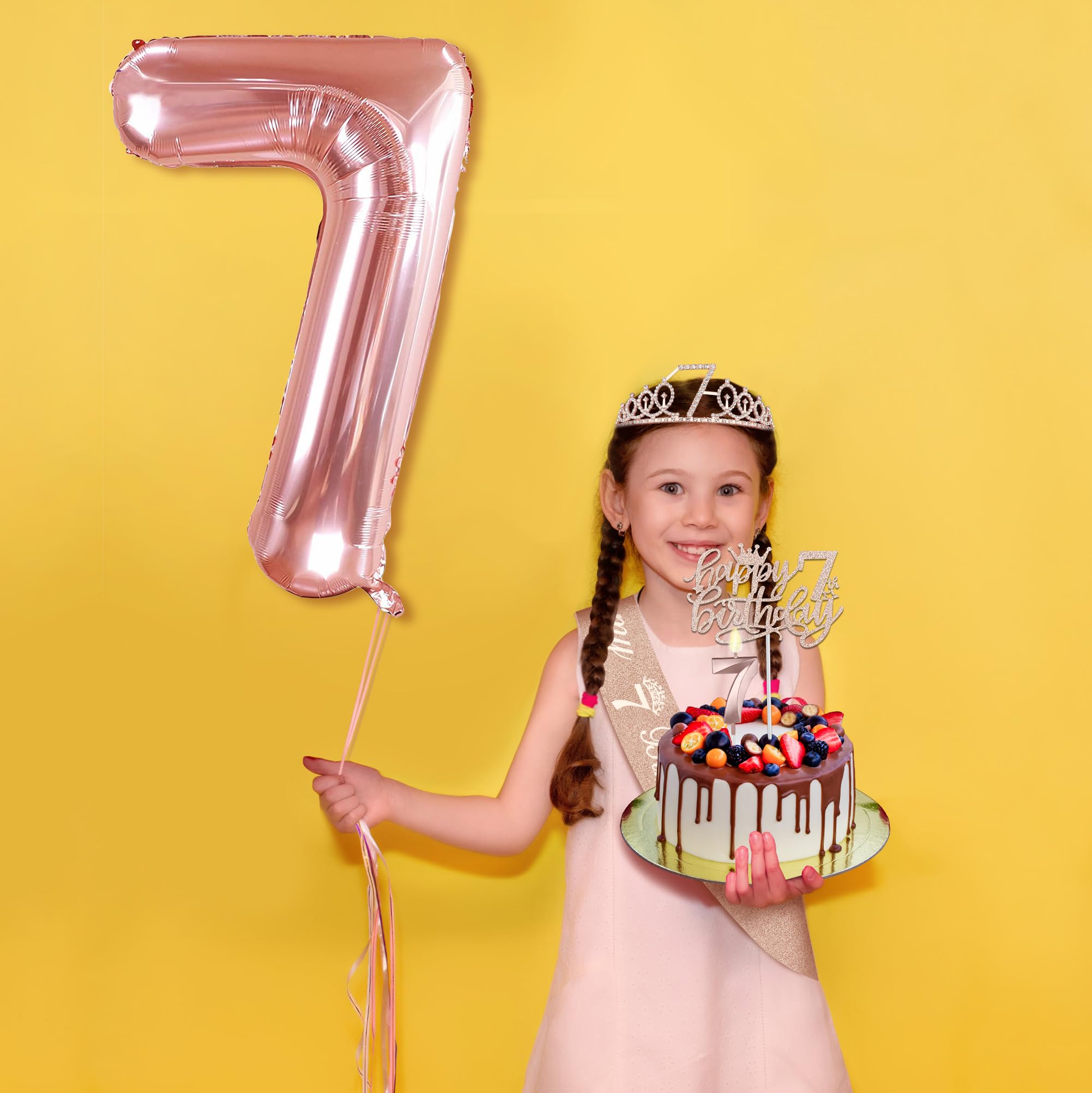 7Th Birthday Decorations For Girl Including 7Th Birthday Girl Sash And Tiara For Girls, 7 Birthday Candles And Cake Topper, 7 Ba