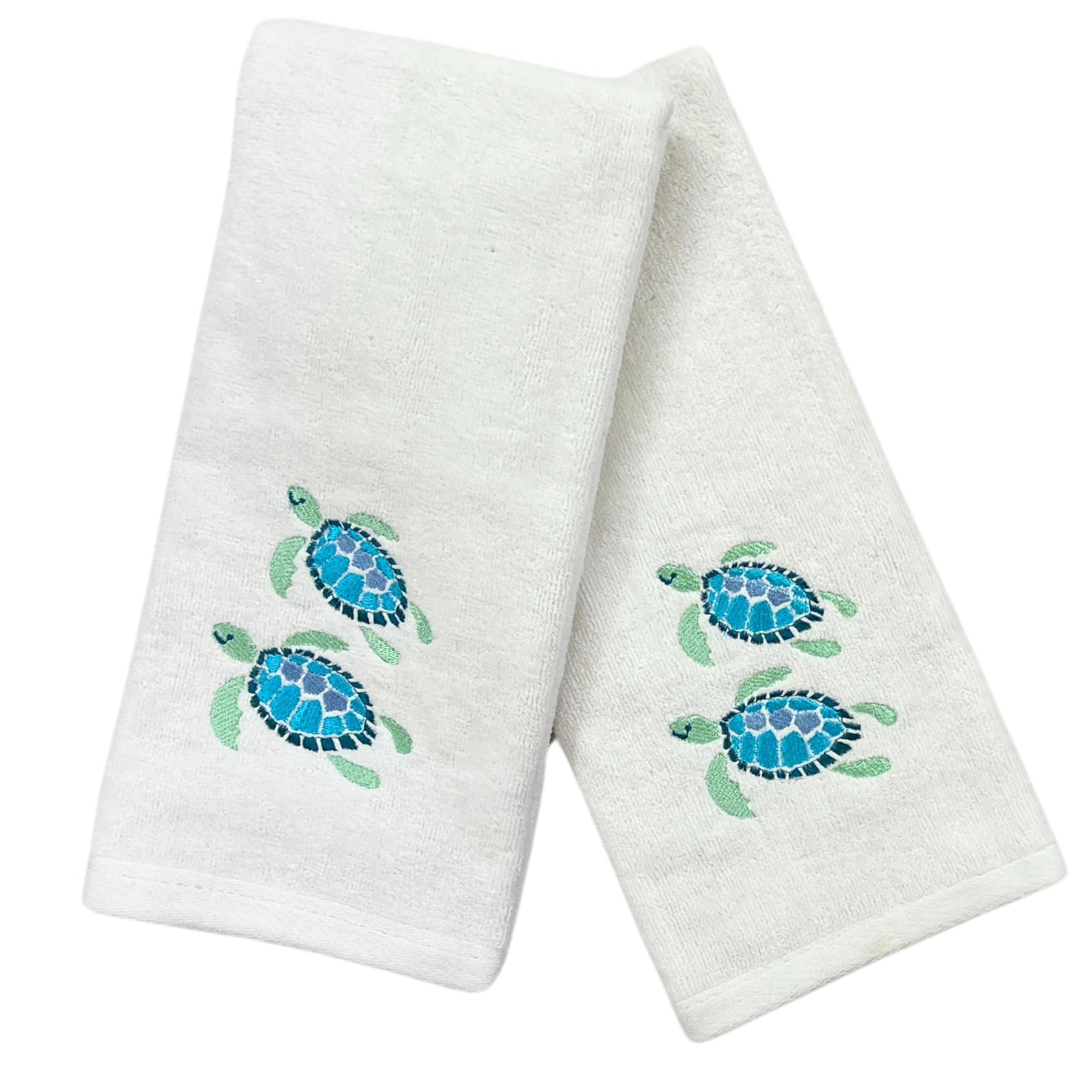 Summer Soft Absorbent Guest Sea Turtle Hand Towels: Bright Aqua Blue Turquoise Embroidery Design, 2 Piece (Sea Turtles)