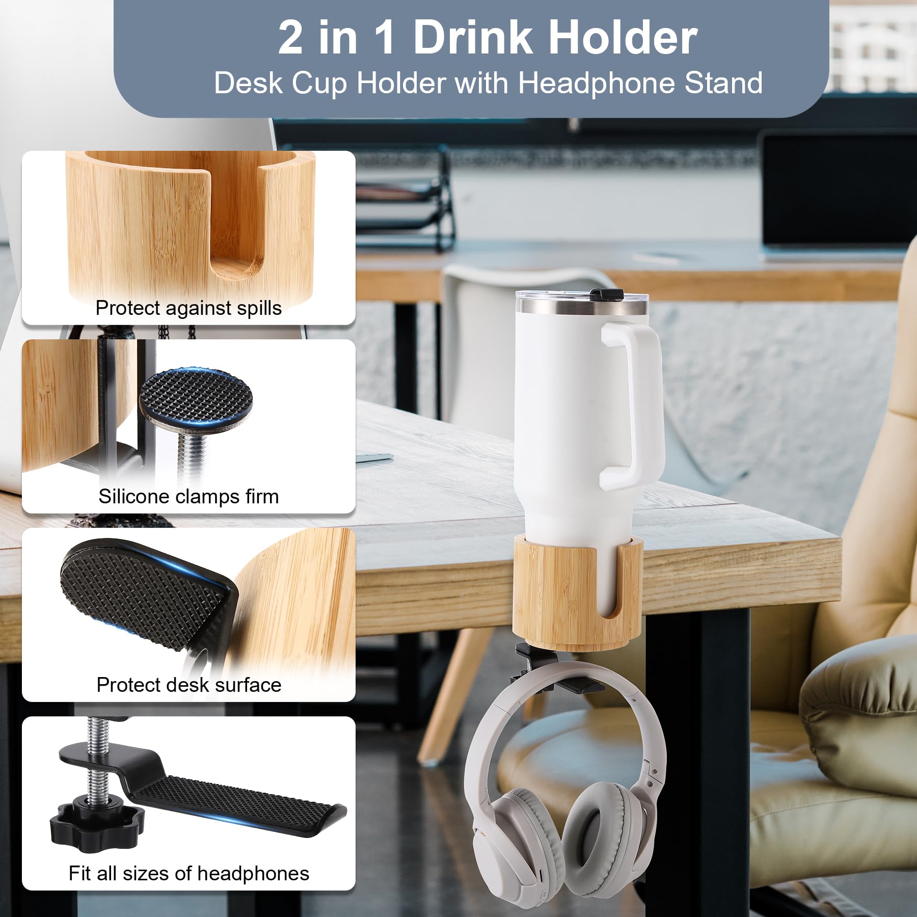 Nnewvante Desk Cup Holder, 2 In 1 360 Rotating Headphone Hanger Under Desk, 360 Anti-Spill Cup Holder, Table Cup Holder For Wate