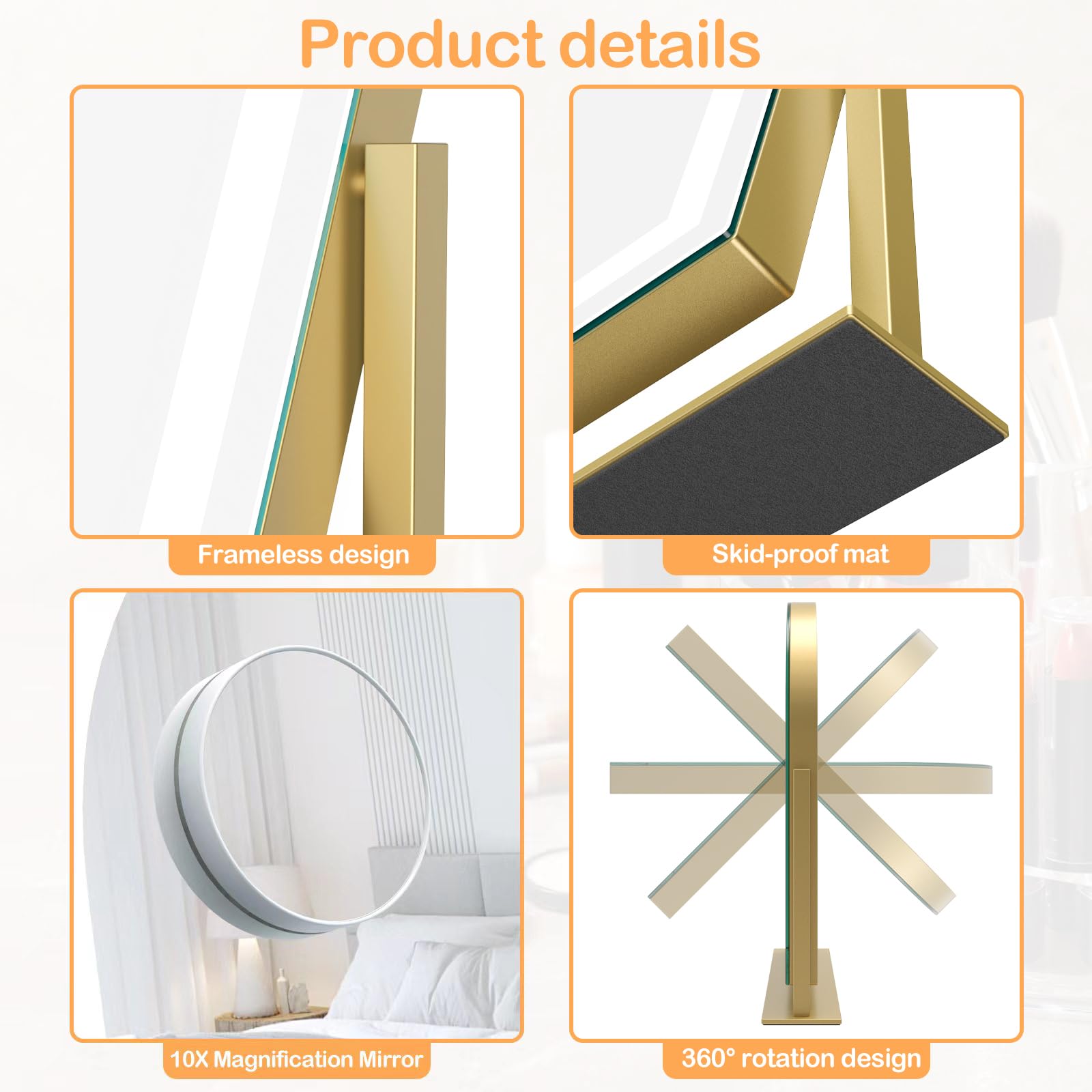 Gvnkvn 17.2" Arched LED Makeup Vanity Mirror with Lights, Gold, 5X Magnification, 360° Rotation, Smart Touch