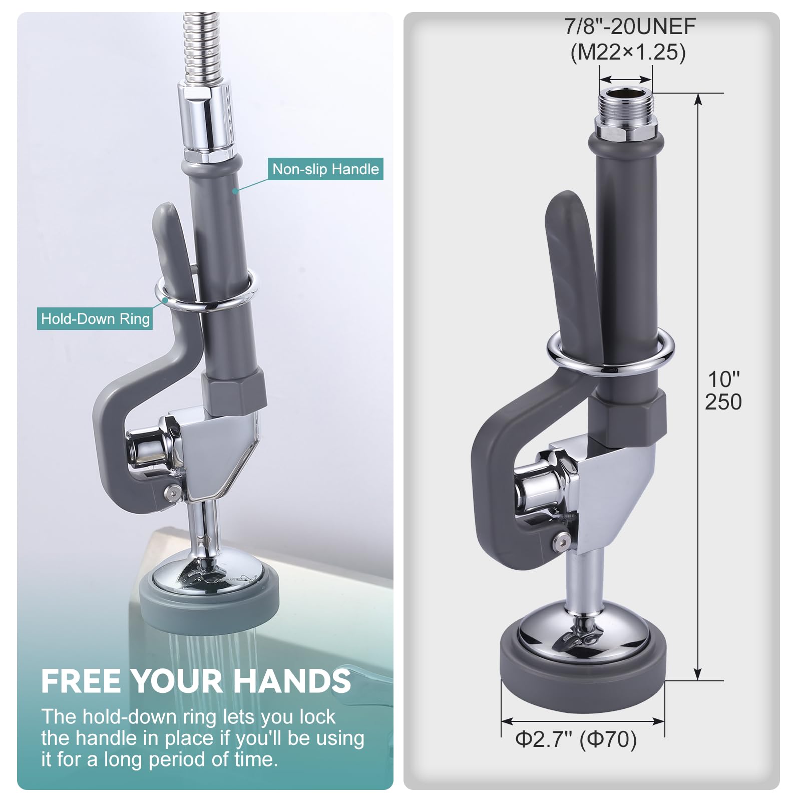 Iviga Pre Rinse Sprayer With Gray Handle Rubber Nozzles, 1.42 Gpm High Pressure Pull Down Spray Head, 7/8-20Unef Connector Handh