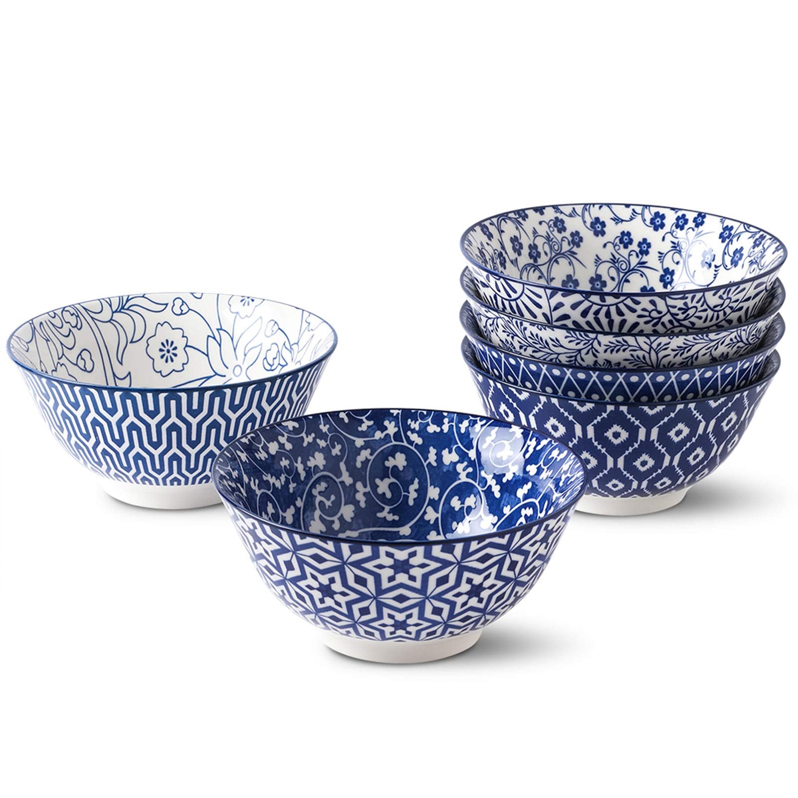 Selamica Blue And White Porcelain 20Oz Cereal Bowl Set - Set Of 6, 6 Inch Soup Bowls, Ceramic Bowls For Cereal, Soup, Salad And