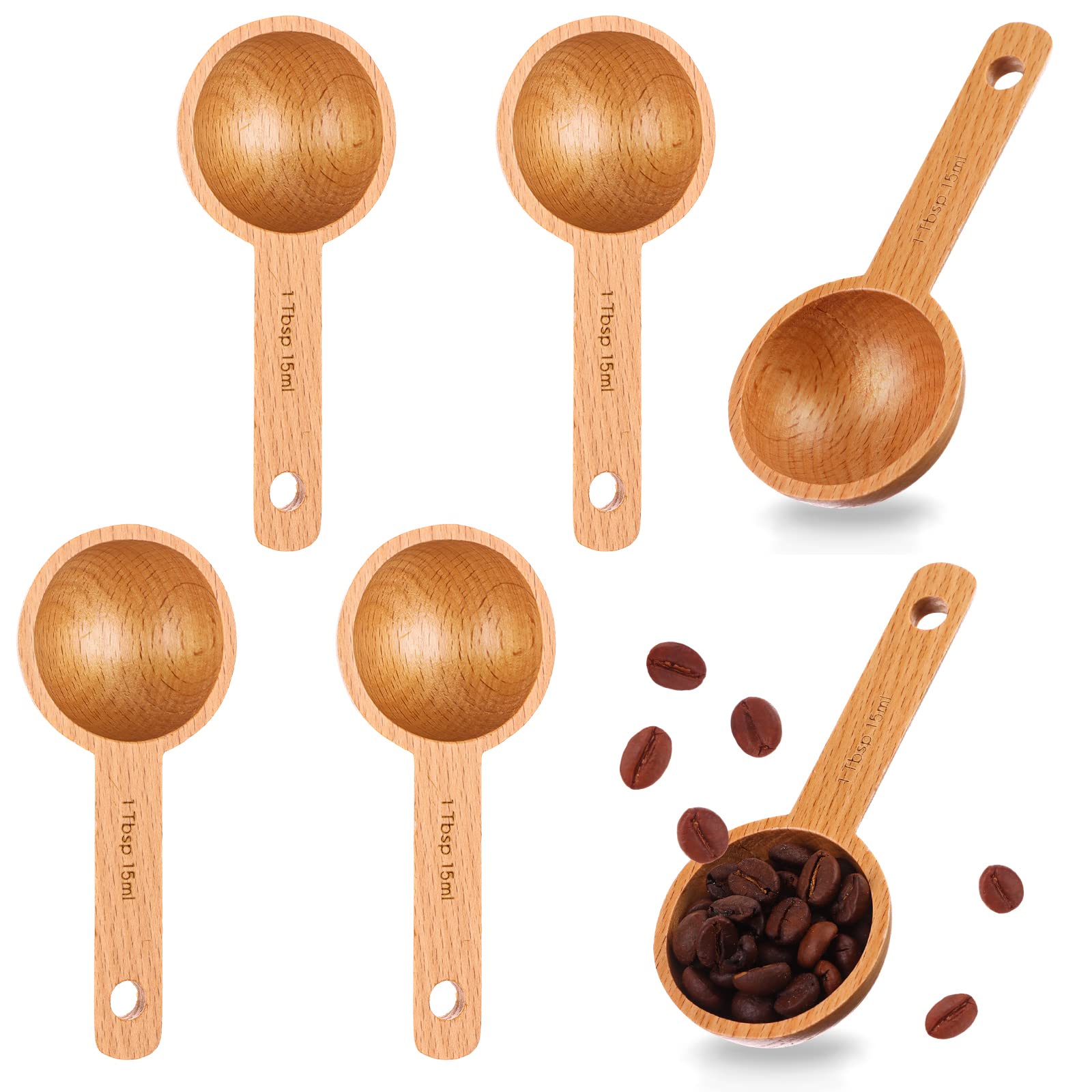 6 Pieces Wooden Coffee Spoon In Beech Measuring Scoop For Coffee Beans Wood Table Spoon For Whole Beans Ground Beans Or Tea, Hom