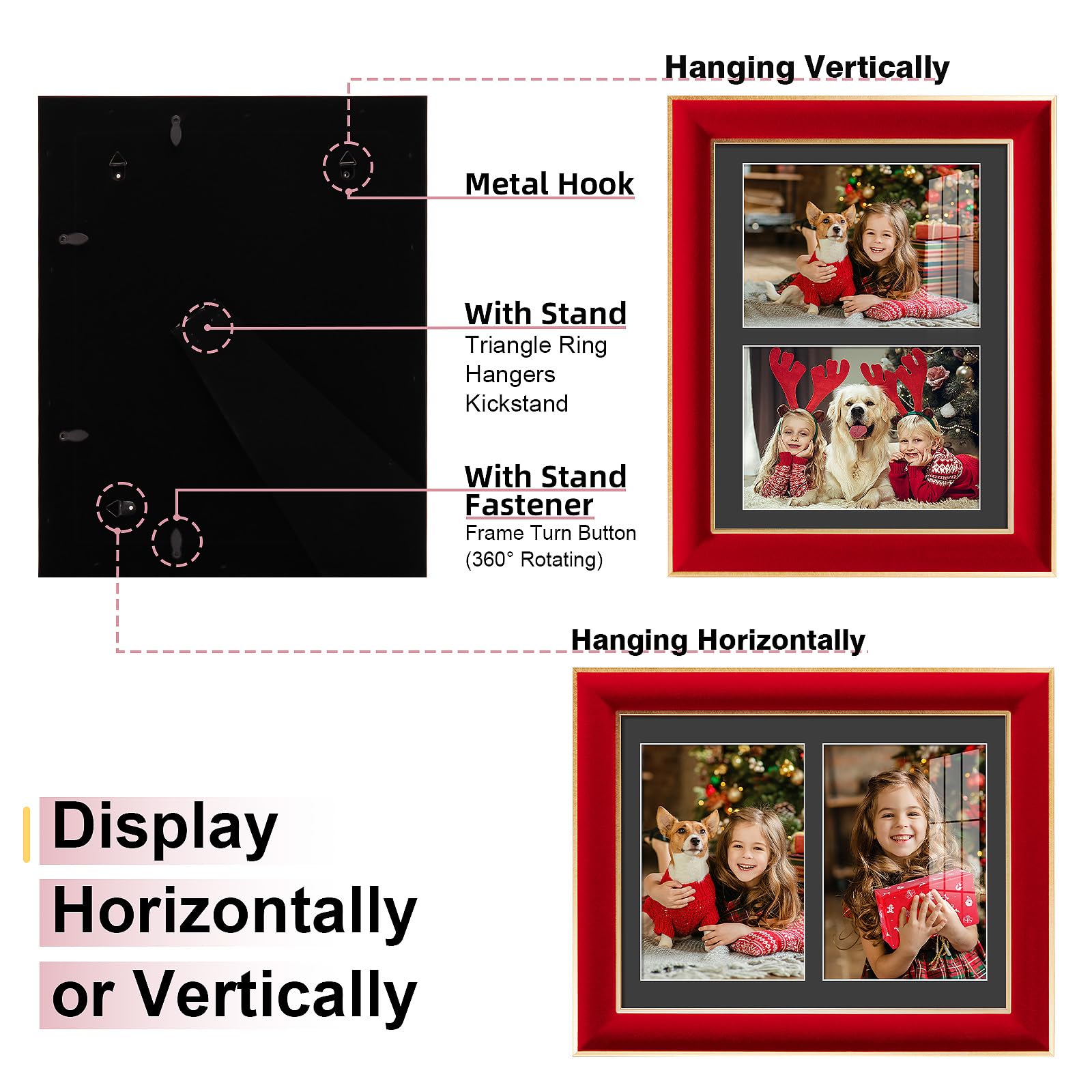 KSROECUD 8.5x11 Velvet Picture Frame with 2 Openings 5x7 Pictures, HD Real Glass Red Velvet Photo Frame with Black White Border