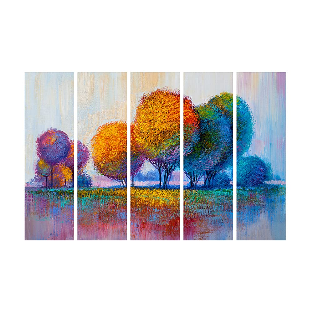 999Store 5 Panel Wall Painting Wall Frames For Living Room With Frame Wall Hanging Colorful Yellow Blue Trees Landscape (Mdf_Siz
