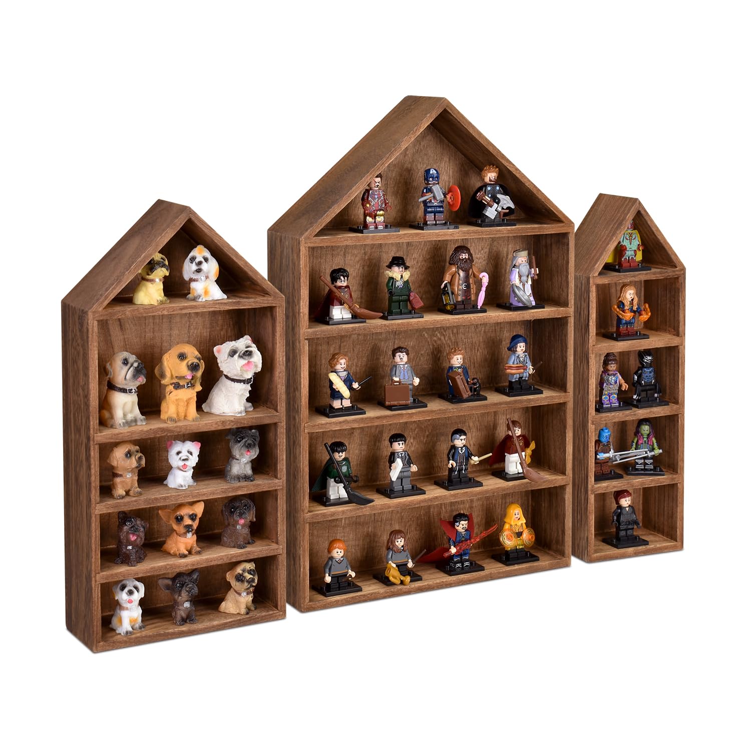 Ikee Design 3 Pcs Set House-Shaped Shelf Wooden Shadow Cubby Box Display Shelf Organizer Storage Display Shadow Box for Mini Fig